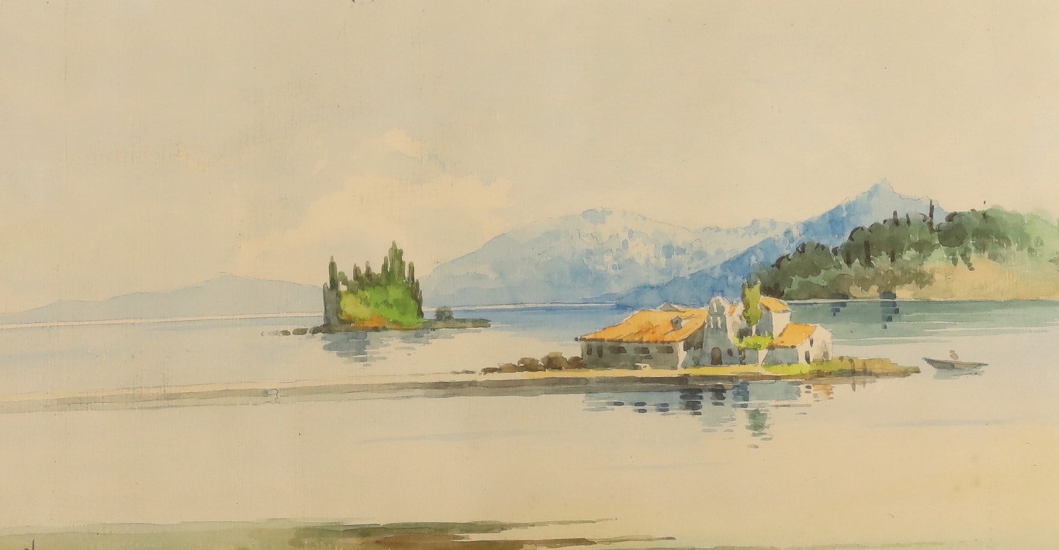 Greek School, watercolour, Coastal view, Corfu, indistinctly signed, 26 x 48cm                                                                                                                                              