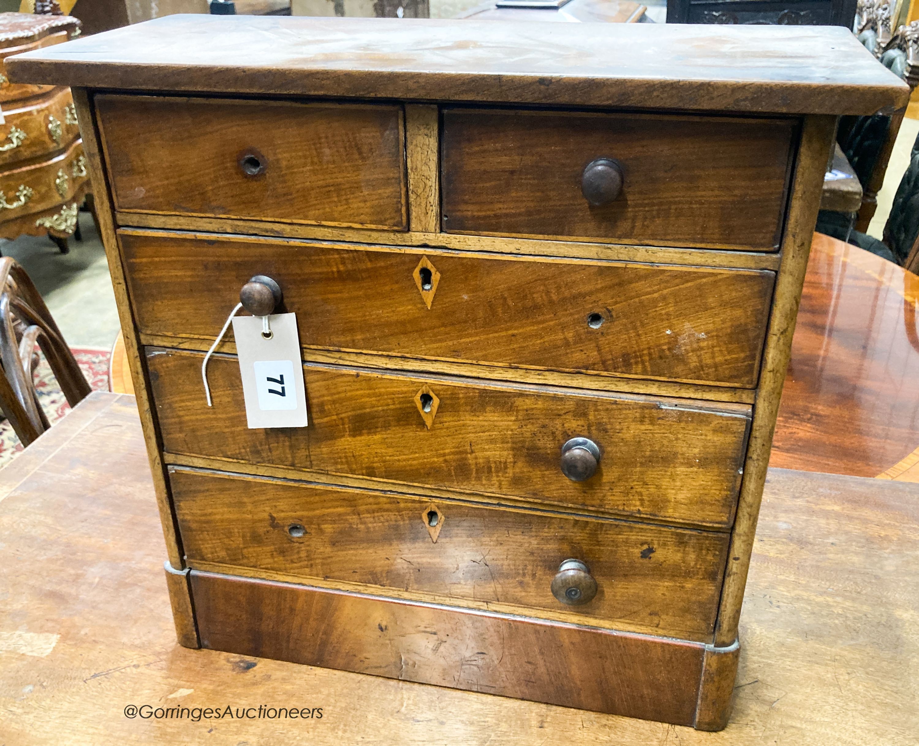 A Victorian mahogany miniature chest of five drawers, width 43cm, depth 18cm, height 41cm                                                                                                                                   