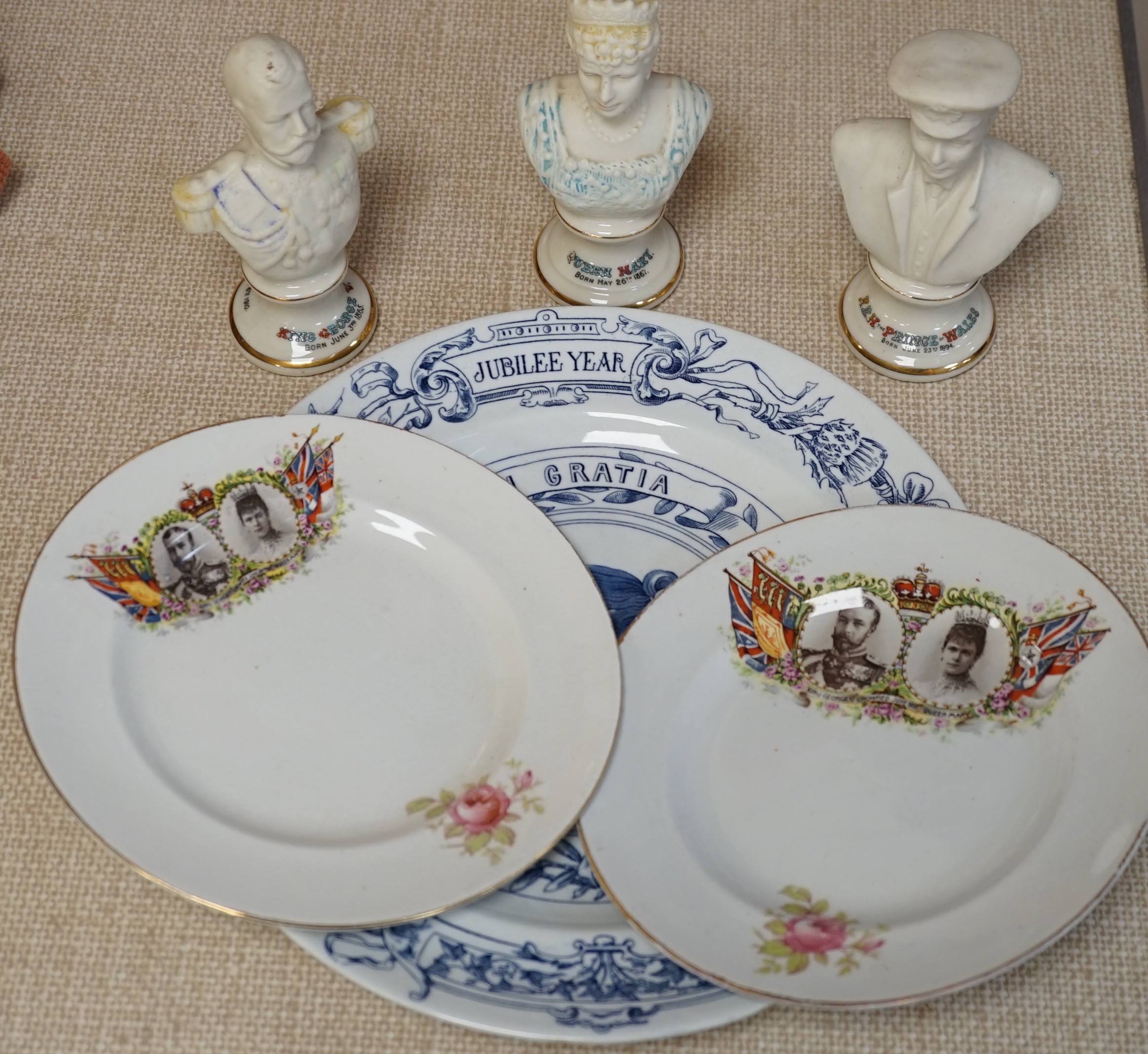 Royal Commemorative ceramics - Royal Worcester Queen Victoria Golden Jubilee plate, three Arcadian busts of George VI, Mary and Prince of Wales etc.                                                                        