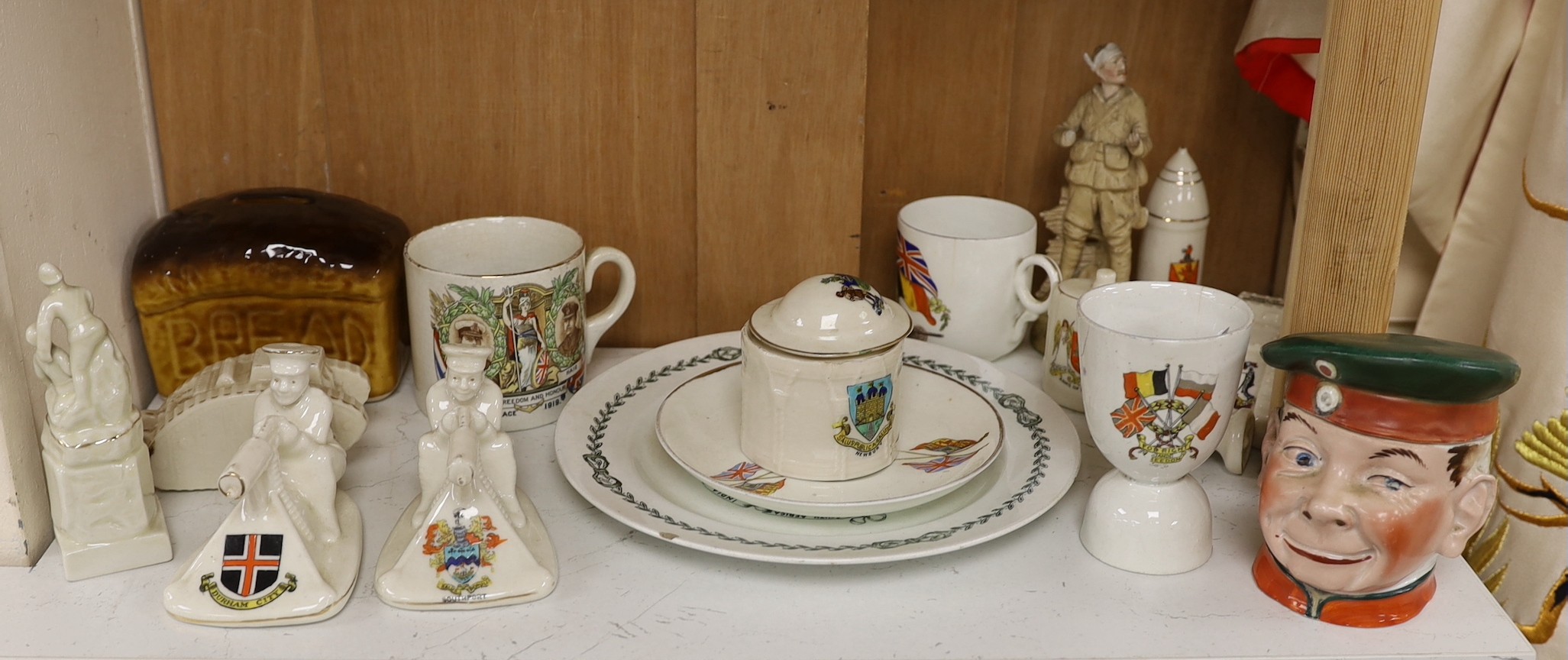 WWI commemorative ceramics - crested china including two Tommy and his Gun models                                                                                                                                           