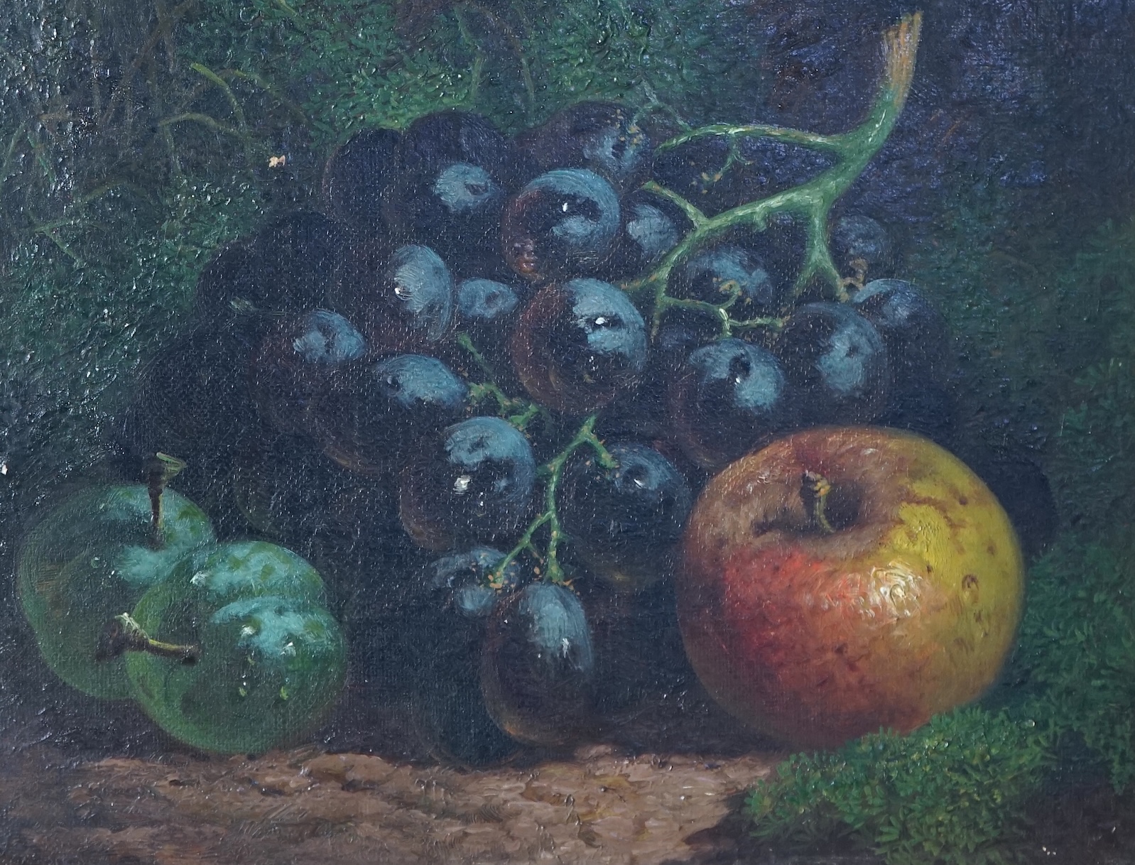 Oliver Clare (English, 1853-1927), Still life of black grapes, greengages and an apple, oil on canvas, 17 x 22cm                                                                                                            