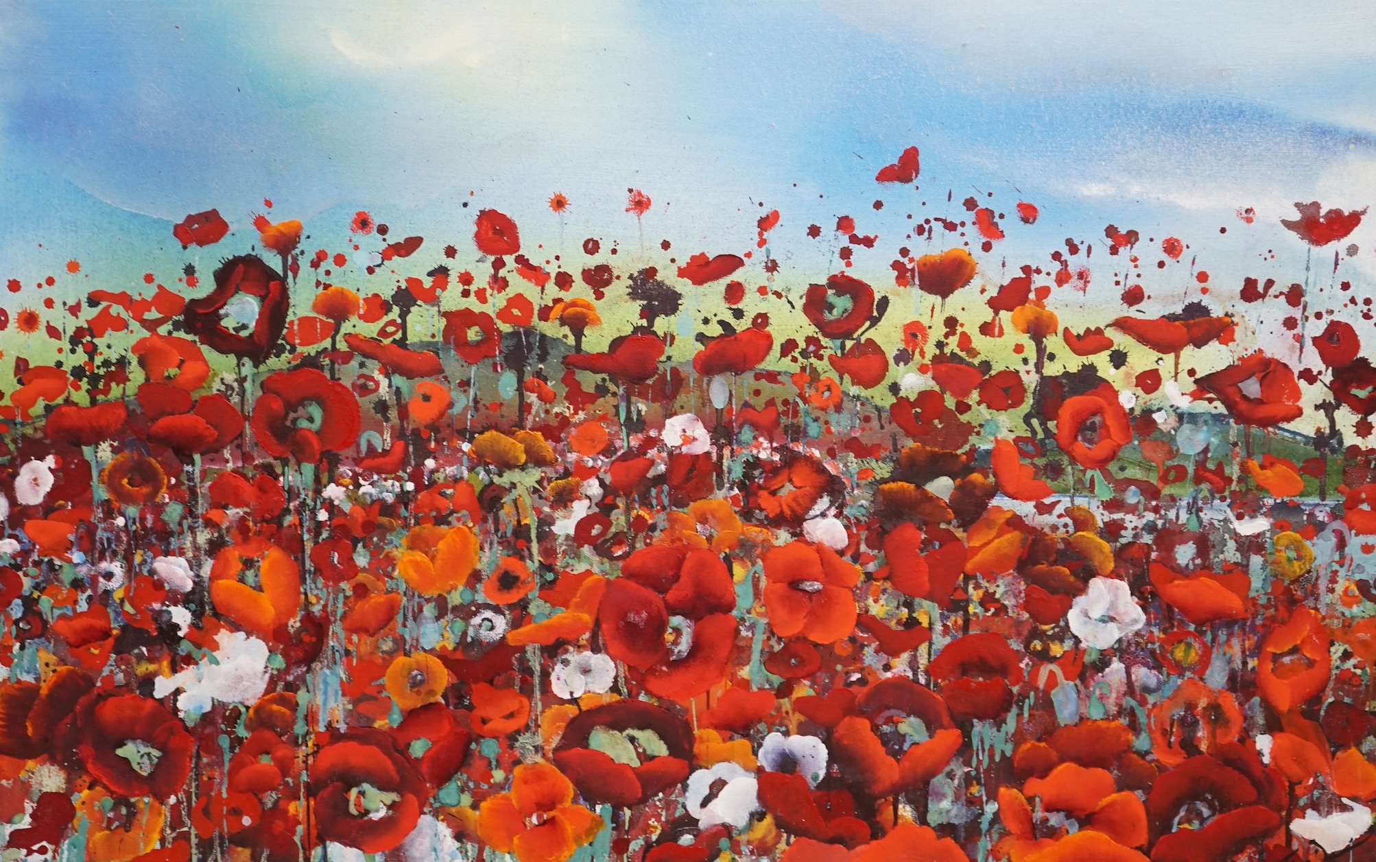 Tina Davies (Modern British), oil on canvas, 'Scarlet haze', signed, 60 x 90cm, unframed. Condition - fair to good                                                                                                          