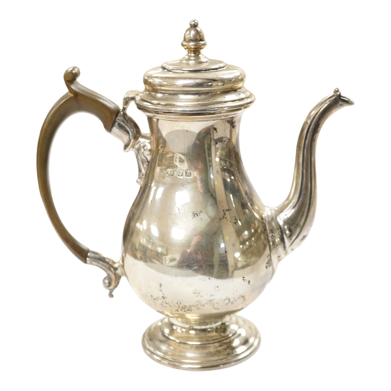 A George VI small silver coffee pot, maker CE?, London, 1936, height 20cm, gross weight 15.3oz. Condition - fair                                                                                                            