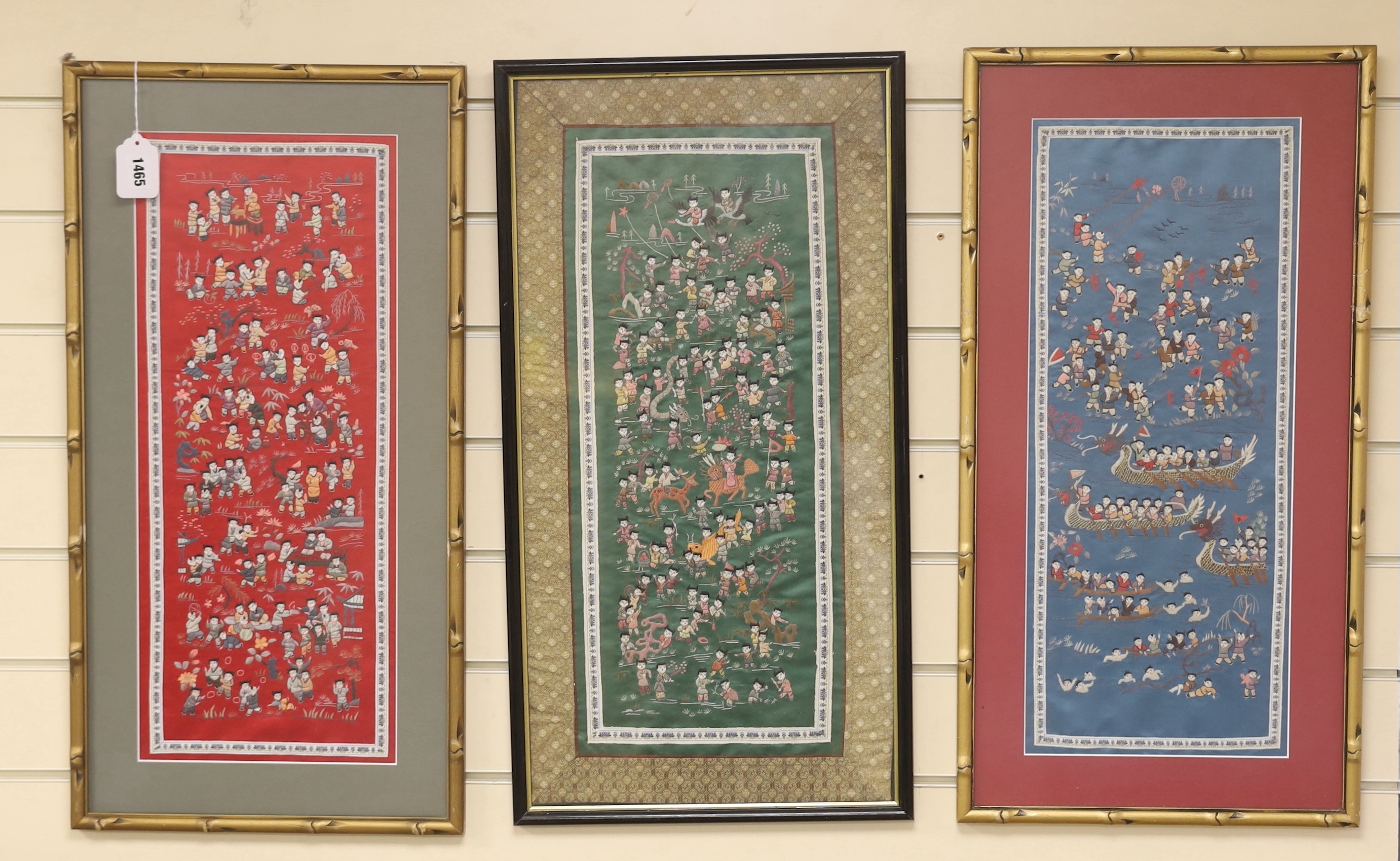 Three framed Chinese mid 20th century figurative embroideries, 21cm x 51cm                                                                                                                                                  