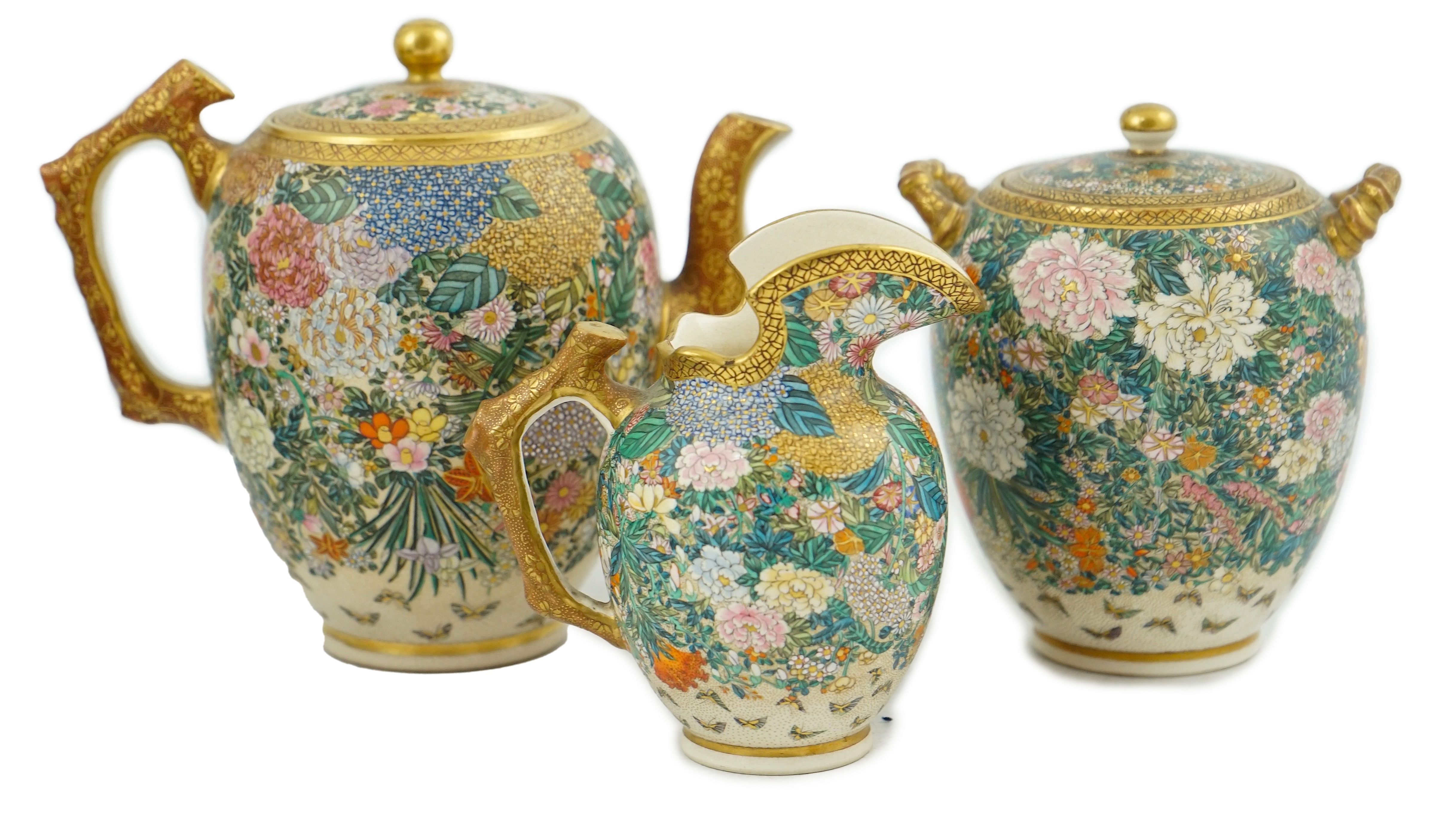 A fine Japanese Satsuma ‘millefleur’ three piece teaset, by Kinkozan, Meiji period                                                                                                                                          