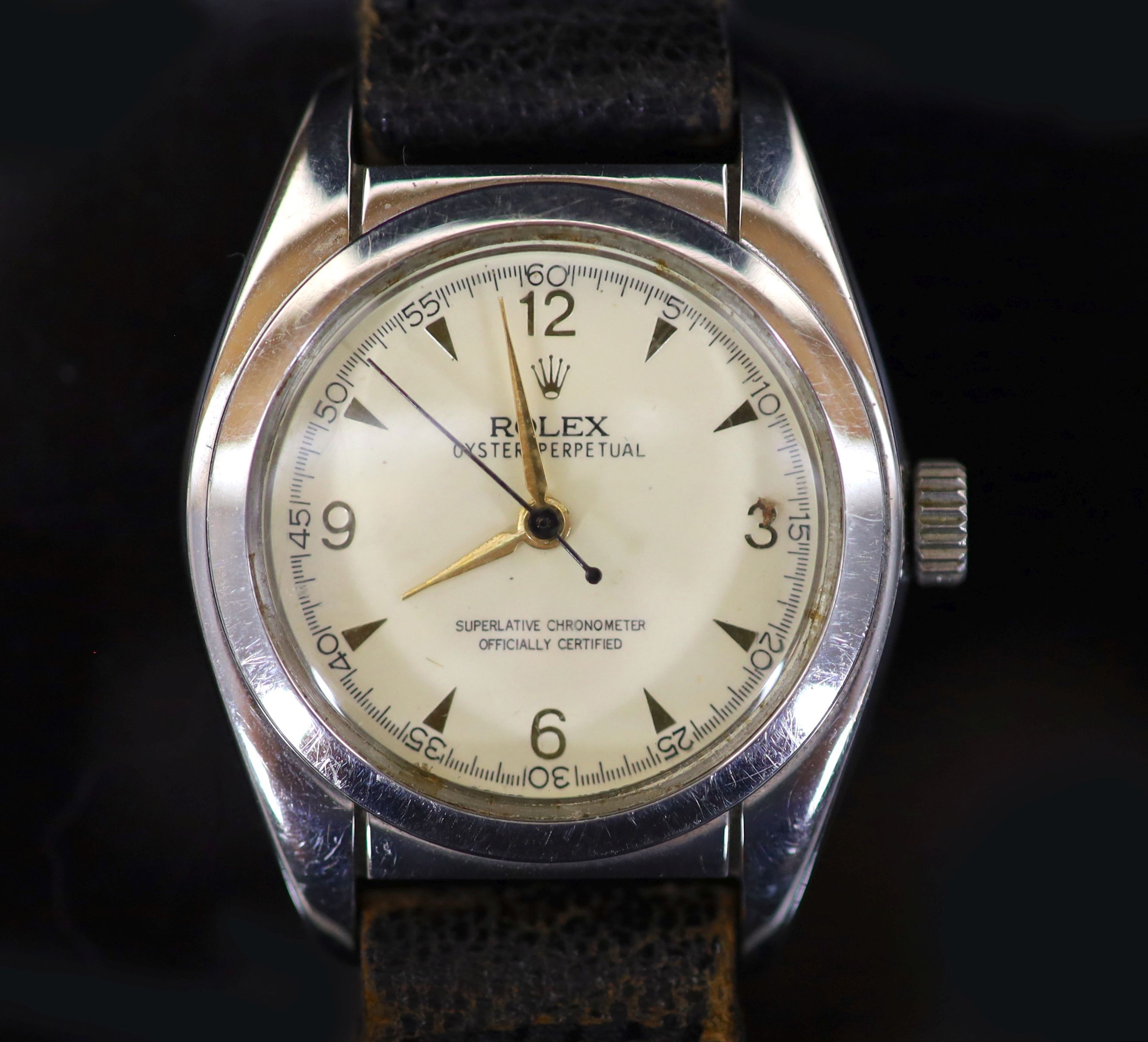 A gentleman's early late 1940's/early 1950's stainless steel Rolex Oyster Perpetual bubbleback wrist watch                                                                                                                  