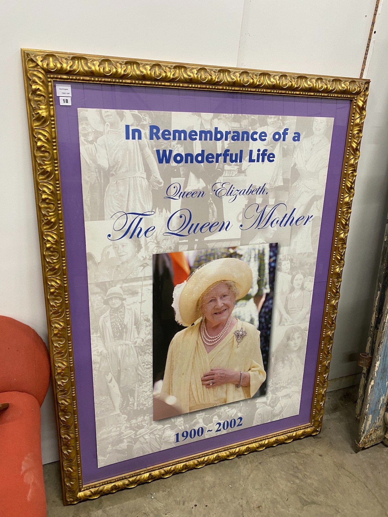 A gilt framed Queen Mother commemorative poster, width 122cm, height 162cm                                                                                                                                                  