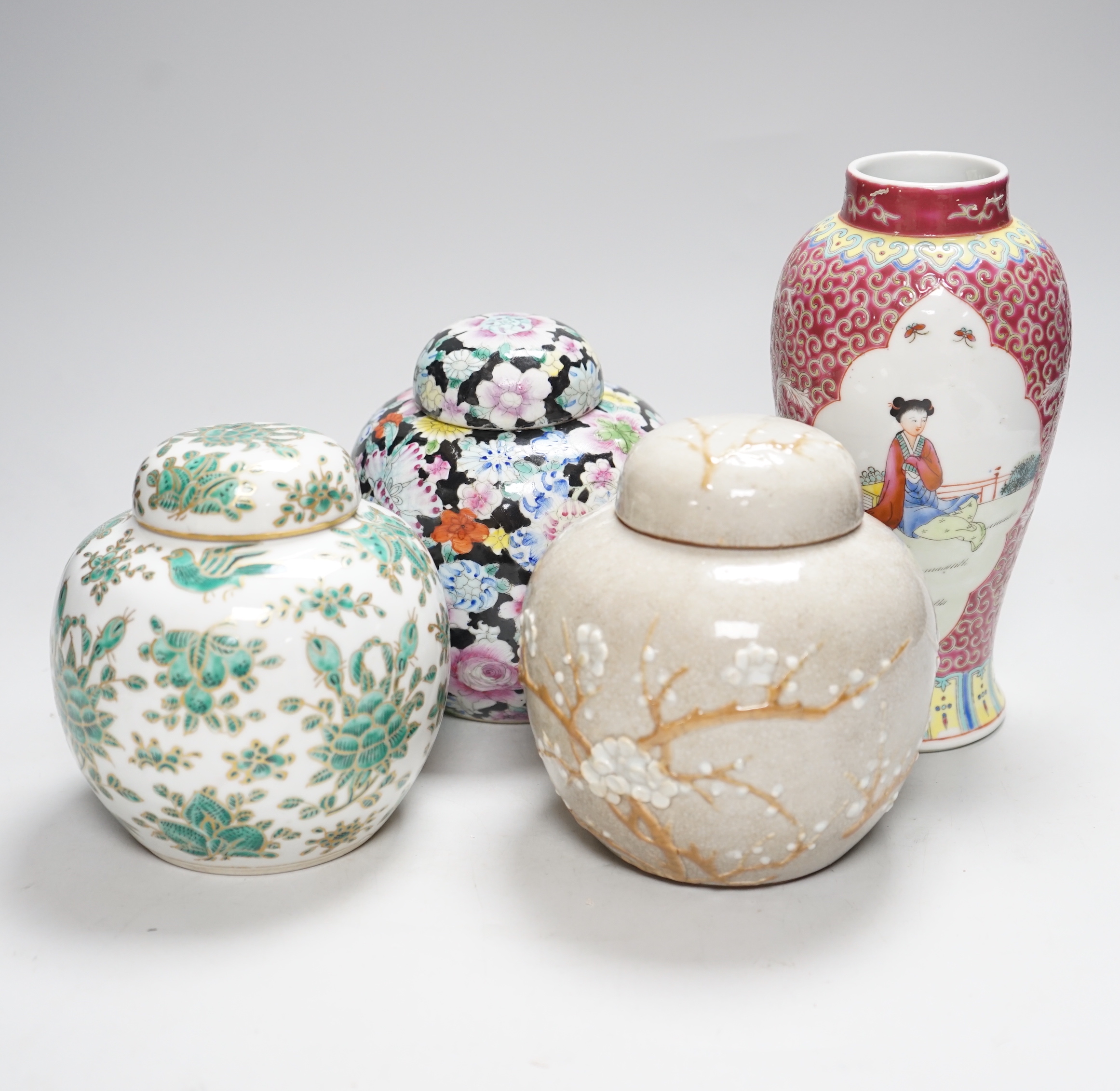 Three Chinese ginger jars and covers and a vase, vase 20.5cm (4)                                                                                                                                                            