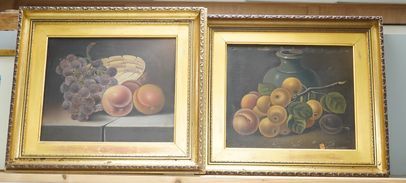 H J Sabela (act. 1905–1907), pair of oils on canvas, Still lifes of fruit, each signed and dated 1902, 25 x 29cm, gilt framed. Condition - poor                                                                             