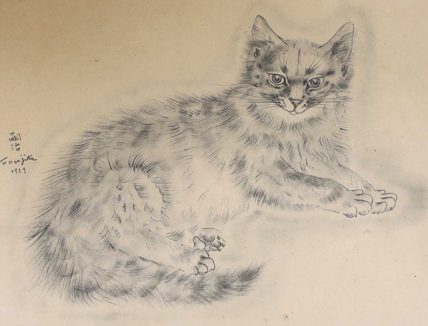Foujita, colour print, Reclining cat, 18 x 24cm, French copy of an original (printed on border)                                                                                                                             