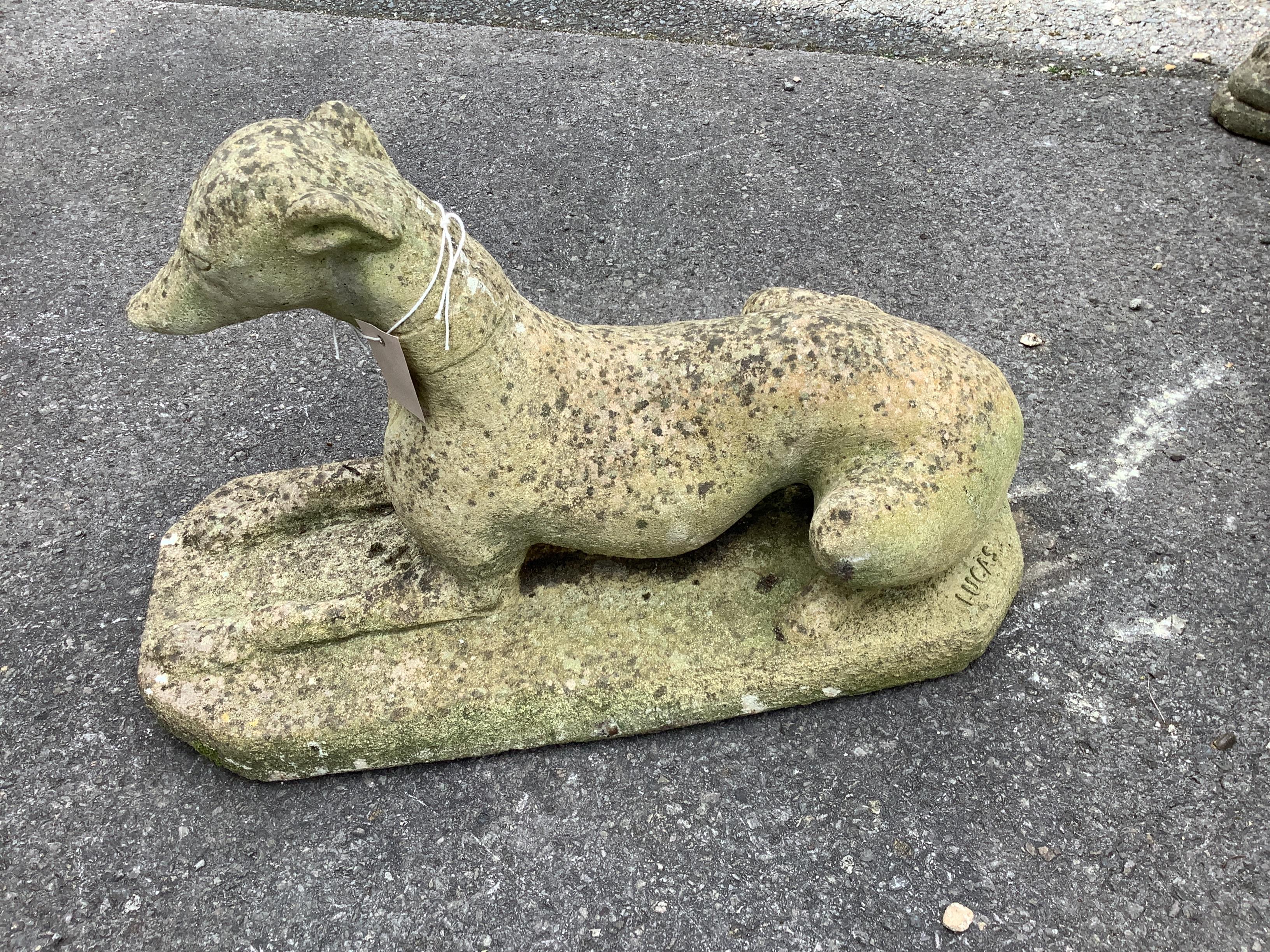 A reconstituted stone figure of a greyhound, length 65cm                                                                                                                                                                    