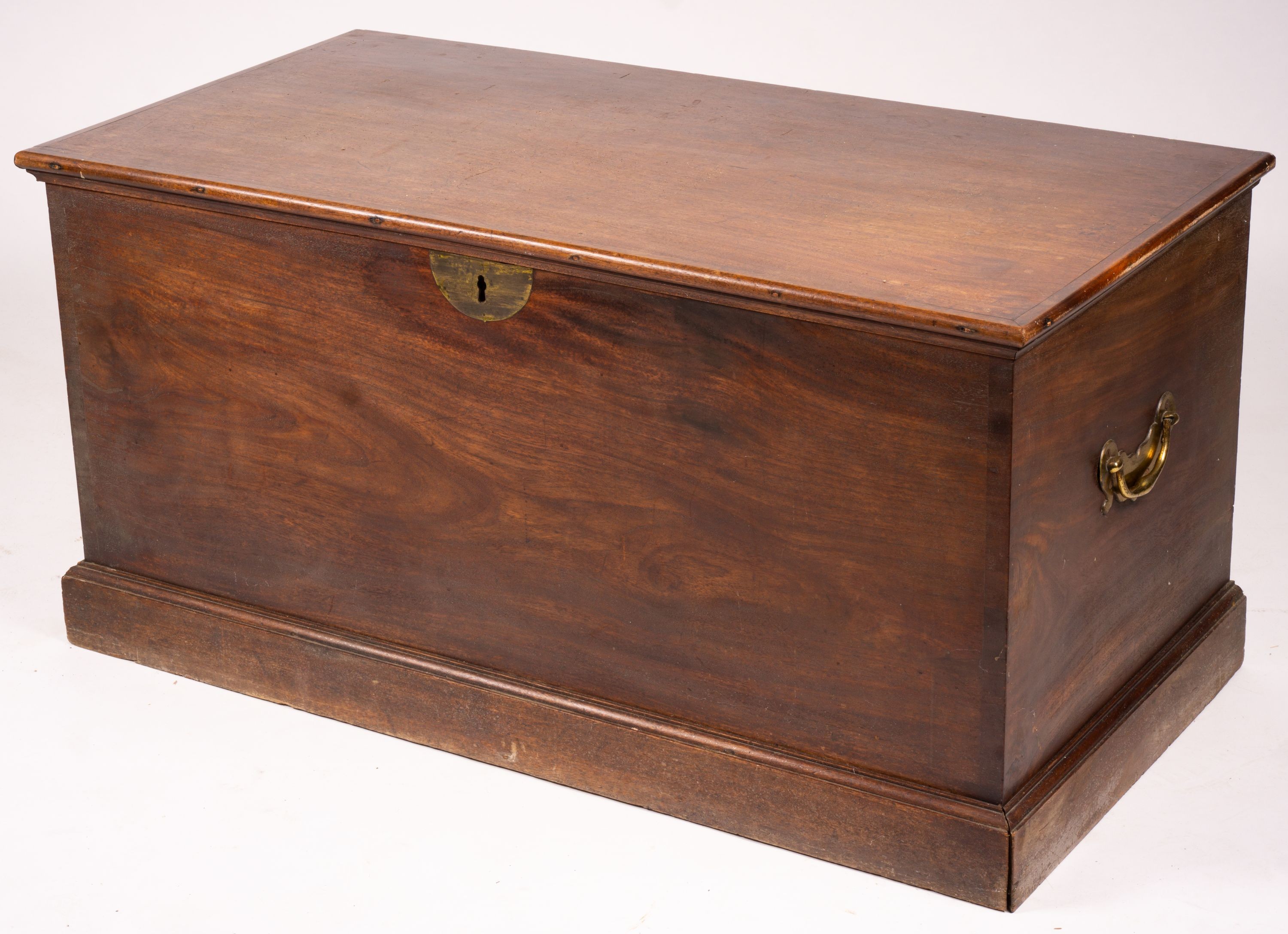 A large 19th century mahogany trunk with brass side handles, length 125cm, width 63cm, height 62cm                                                                                                                          