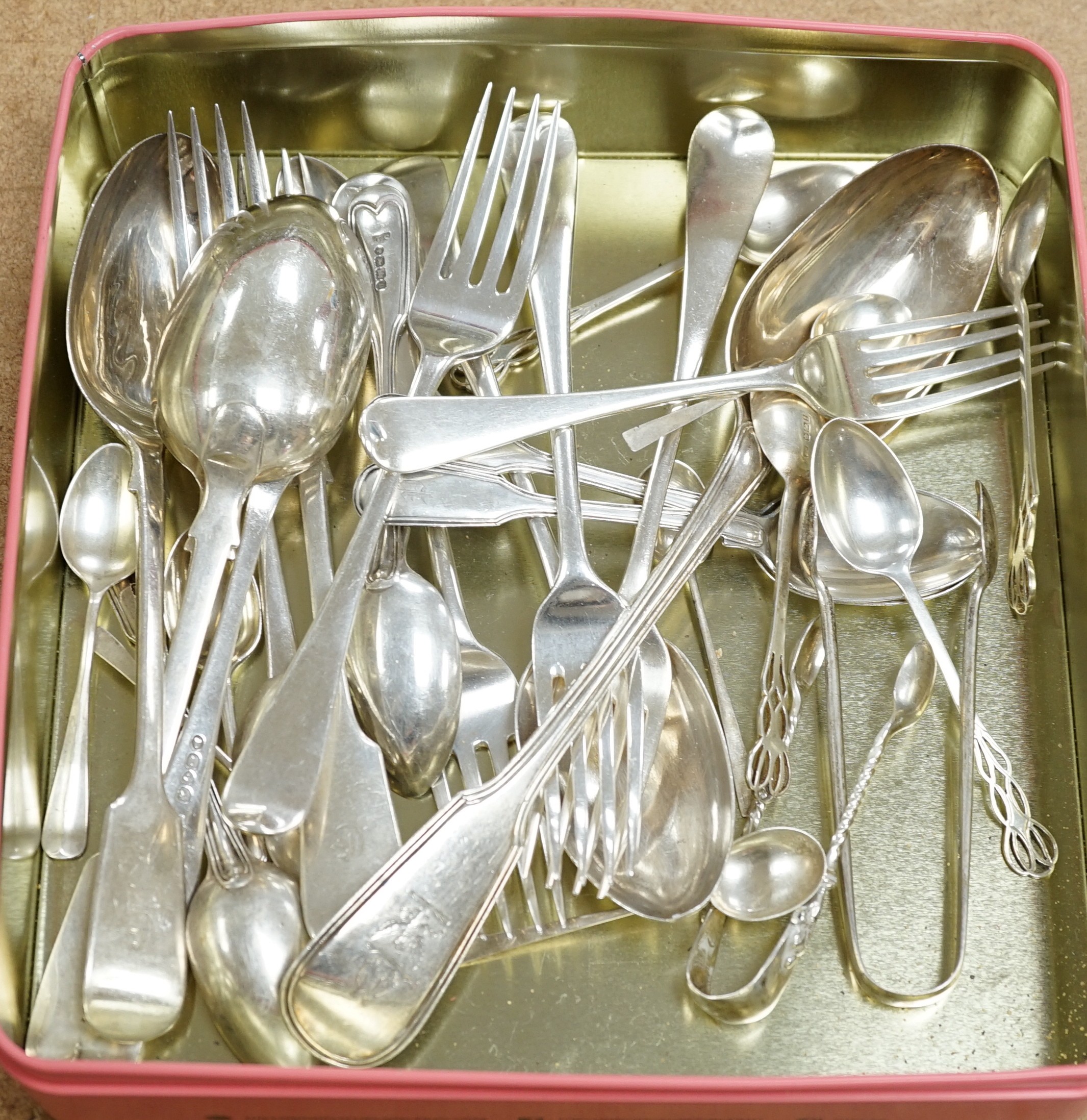 A small quantity of assorted 19th century and later flatware, various patterns, dates and makers, including a George IV fiddle and thread pattern basting spoons, William Eaton, London, 1828                               