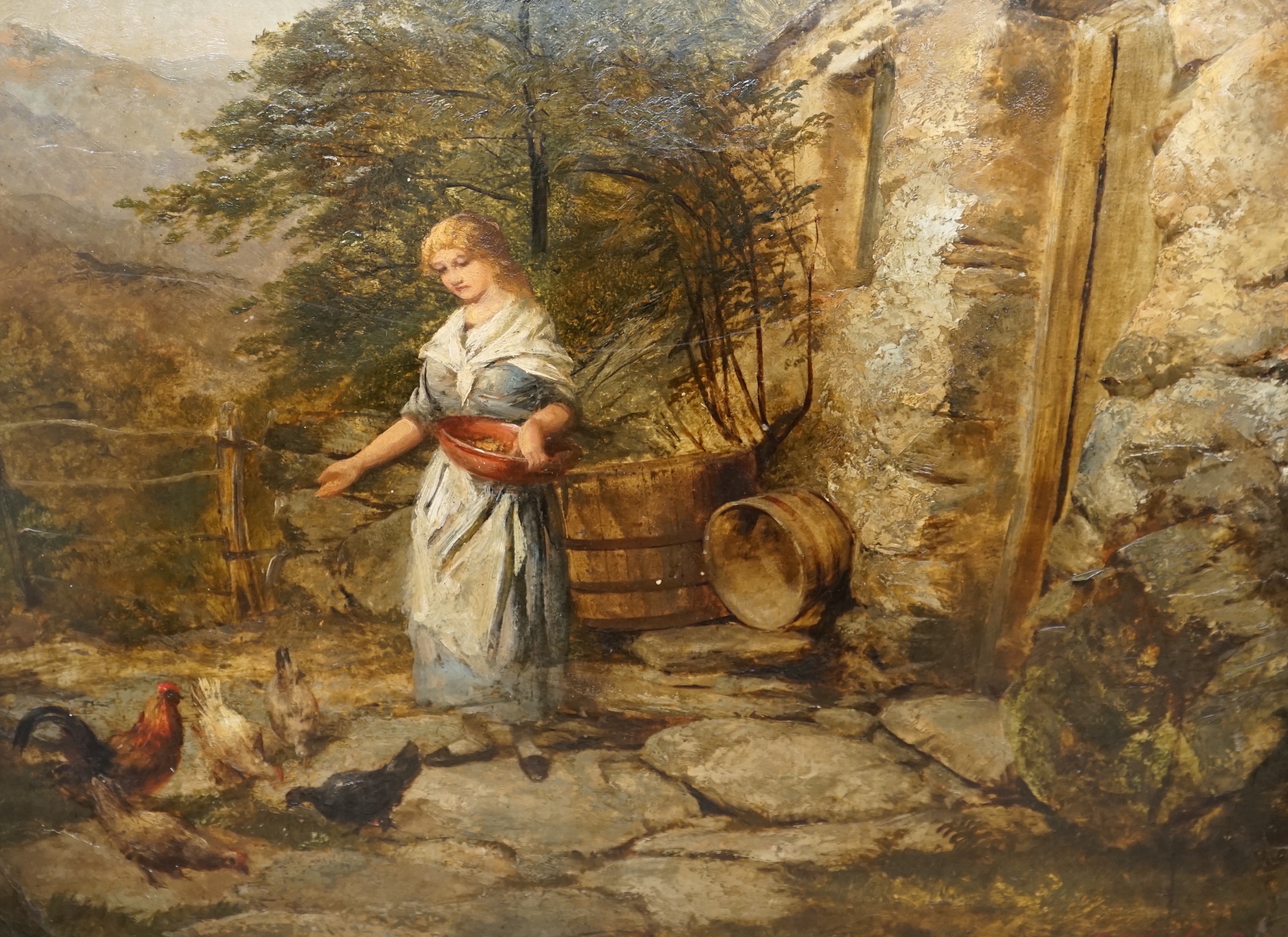 Edward John Cobbett (1815-1899), oil on card, 'Feeding chickens', signed, 41 x 56cm                                                                                                                                         