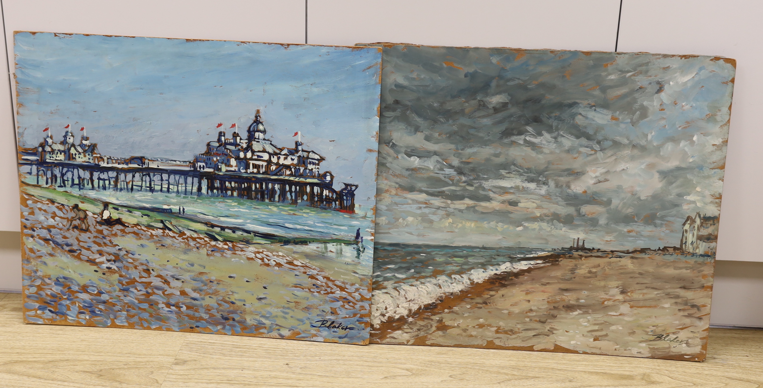 Michael John Blaker, two oils on board, Looking towards Shoreham and Southwick, probably from Hove Beach and The Palace Pier Brighton, each signed, unframed, largest 51 x 61cm                                             