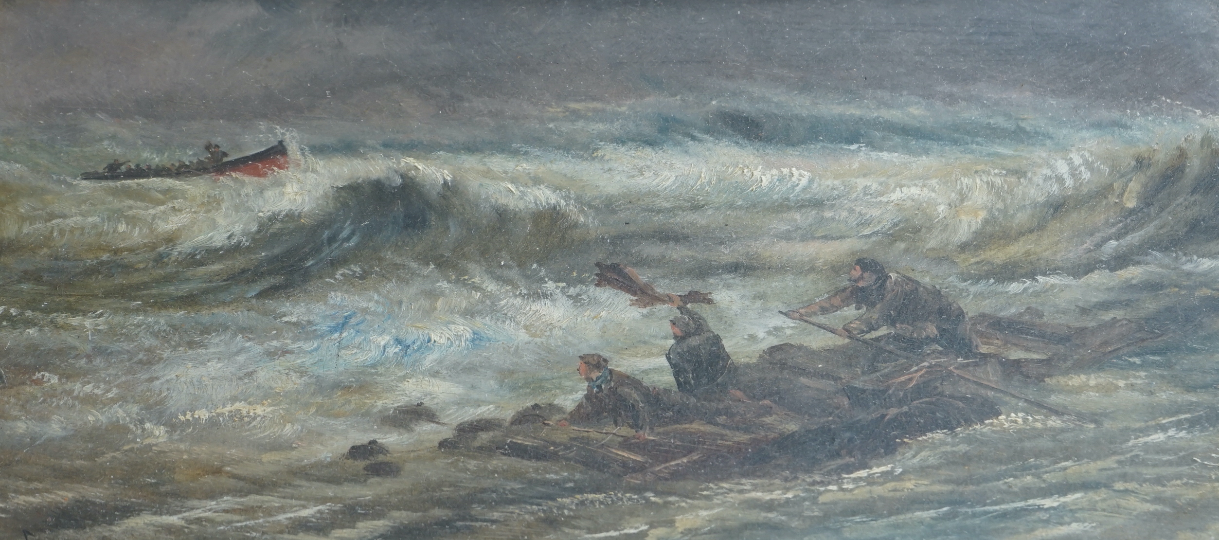 George Frayne (19th / 20th. C) oil on board, 'Rescue at Sea', signed, 17 x 34cm                                                                                                                                             