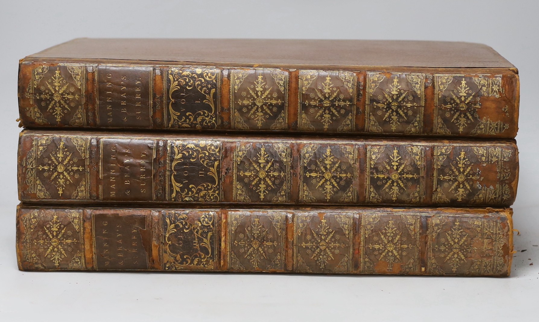 SURREY: Manning, Owen and William Bray. The History and Antiquities of the County of Surrey, 3 vols., 2 folding maps, 82 engraved plates including 13 Domesday facsimiles, 13 folding genealogies, near contemporary calf, L