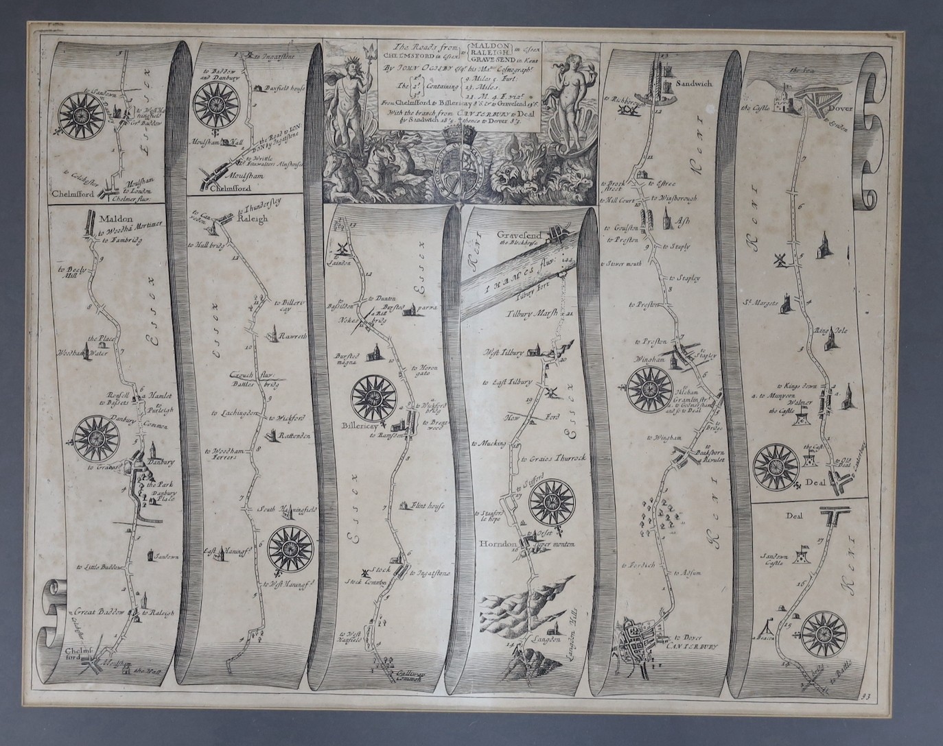 John Ogilby road map Chelmsford to Dover, 33 x 42cm                                                                                                                                                                         