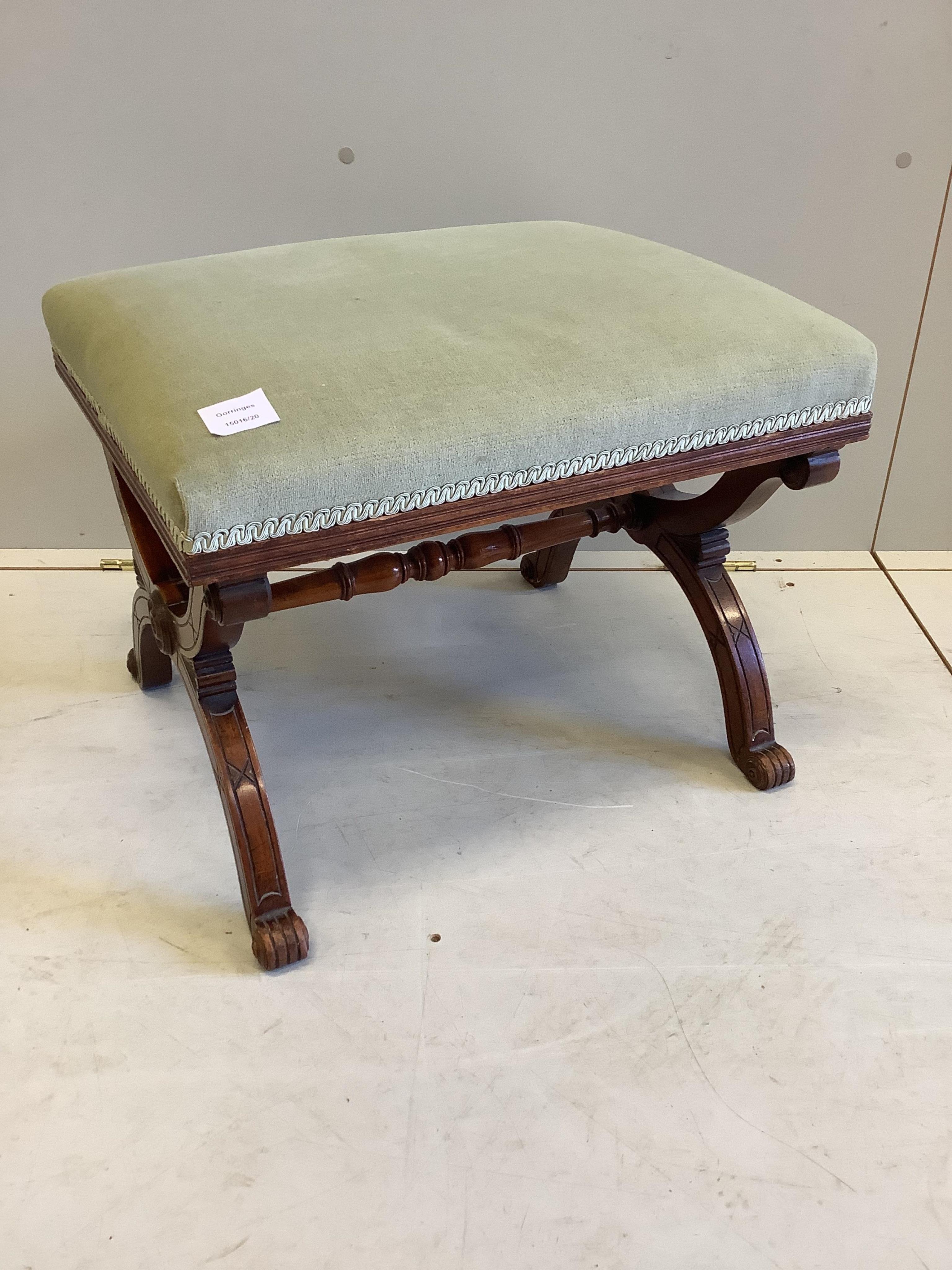 A Victorian mahogany X frame dressing stool, width 53cm, depth 45cm, height 40cm. Condition - fair-good                                                                                                                     