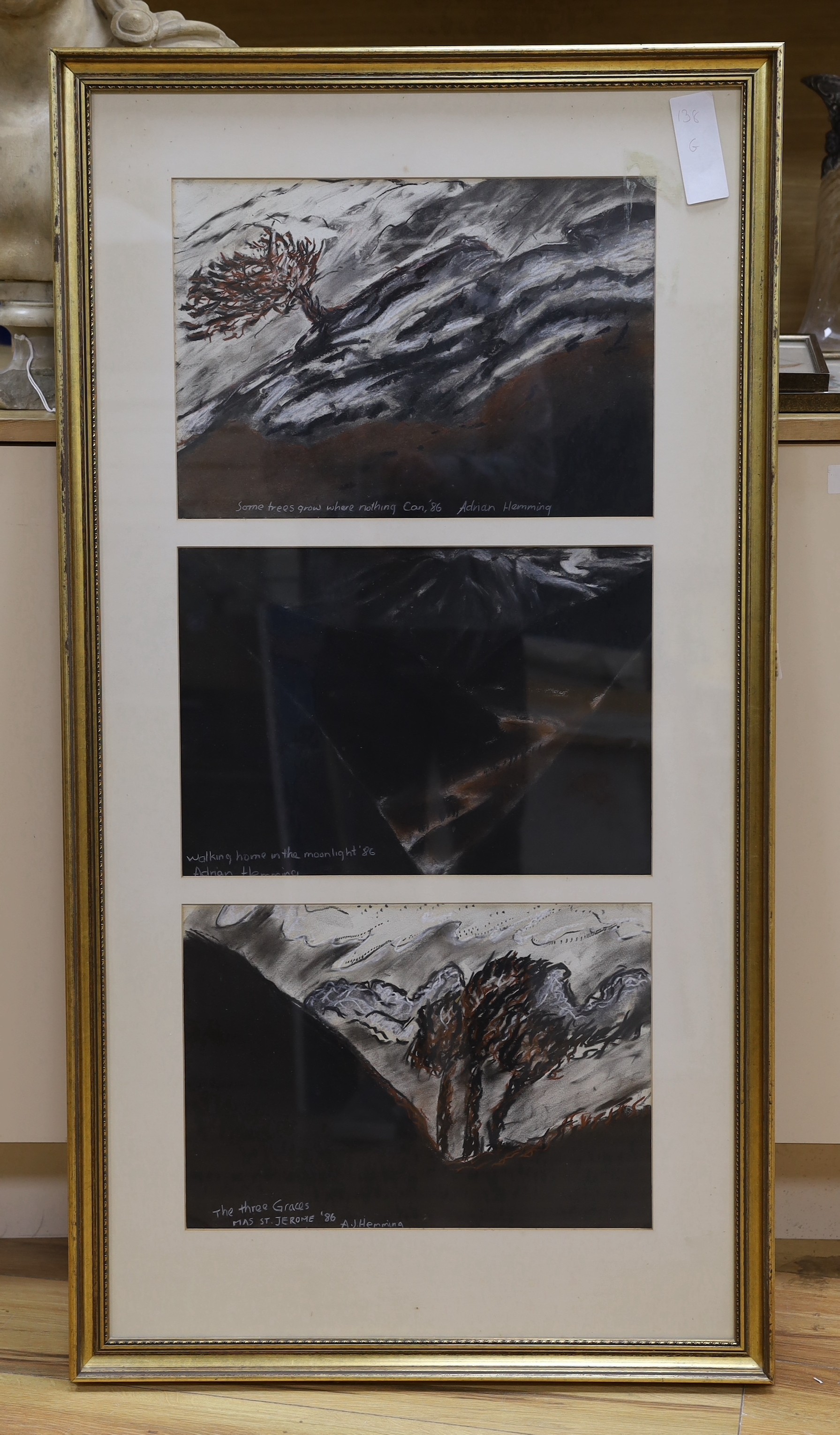Adrian J. Hemming (b.1945), three pastels, ‘Some trees grow where nothing can’, ‘Walking home in the moonlight’ and ‘The Three Graces Mas St Jerome’, signed and dated '86, 28 x 40cm, framed as one                        