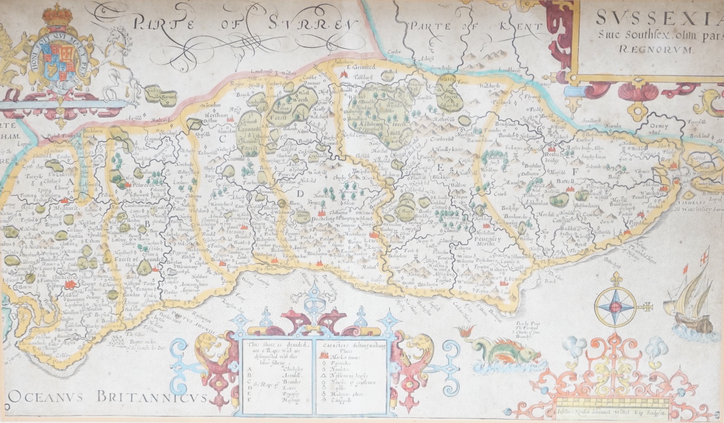 William Kip and John Norden (1546-1625), hand-coloured map, ‘Svssexia' (sic), 21 x 37cm                                                                                                                                     