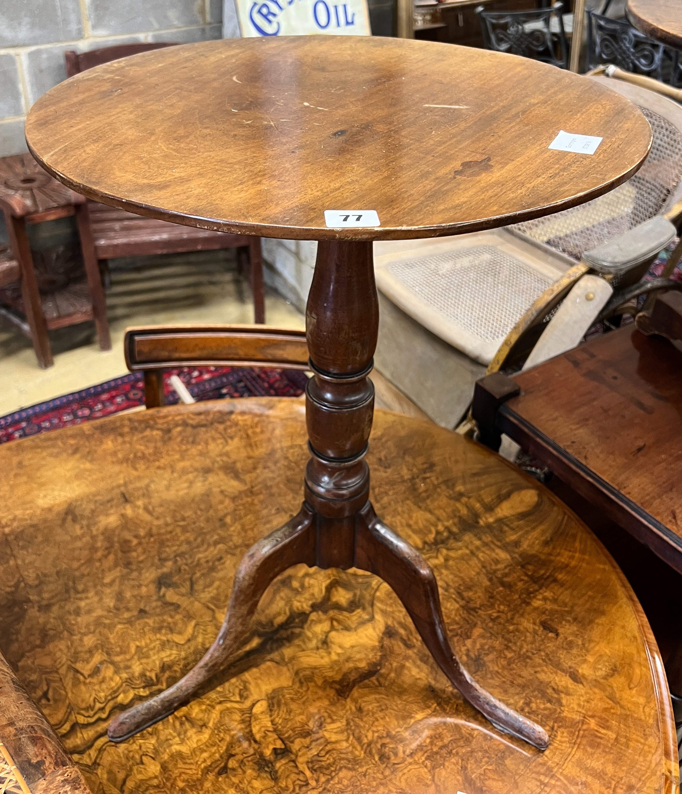 A George III mahogany circular top tripod wine table, diameter 50cm, height 69cm                                                                                                                                            