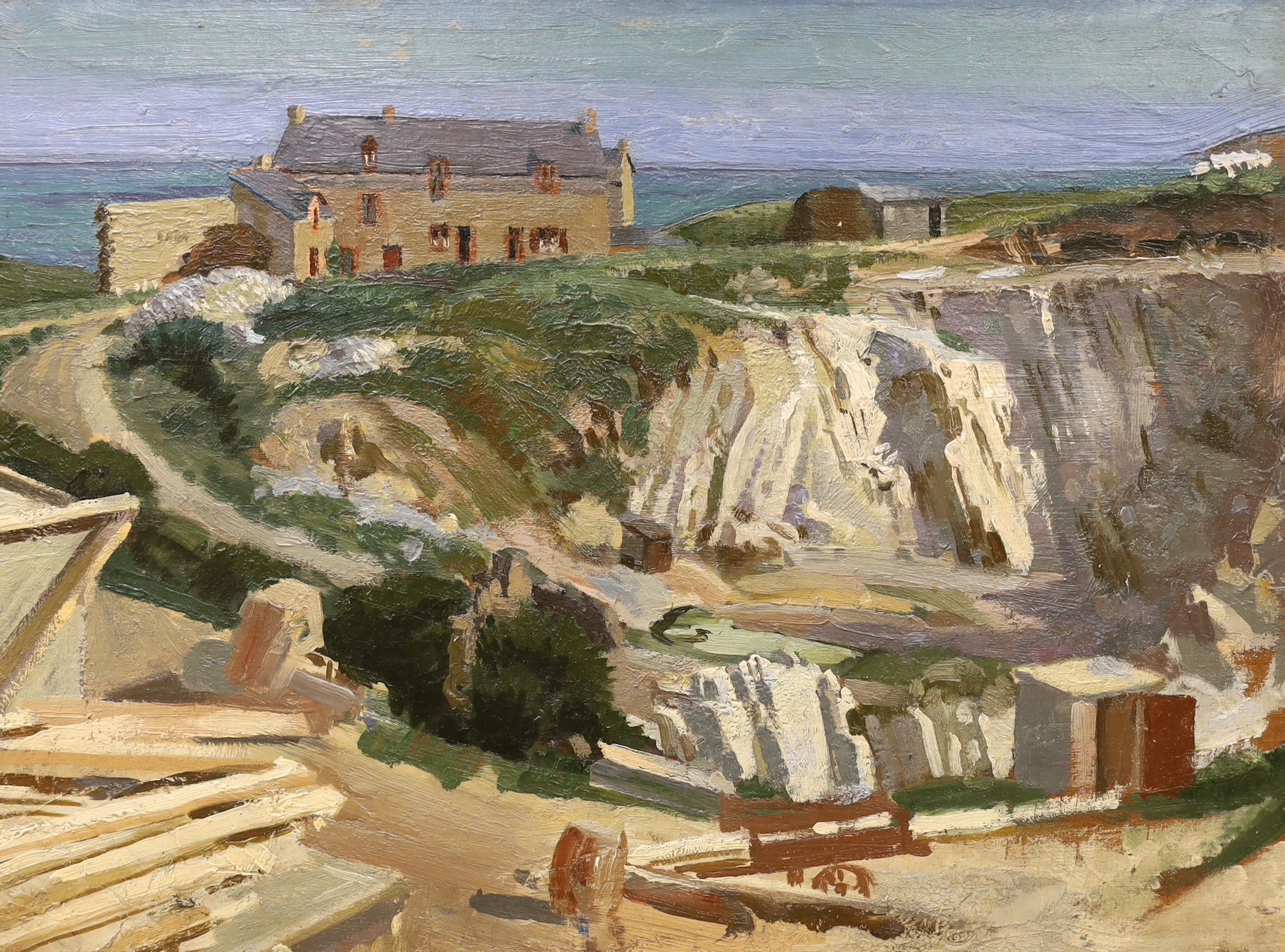 Early 20th century English School, oil on board, Coastal houses and quarry, 29 x 40cm                                                                                                                                       