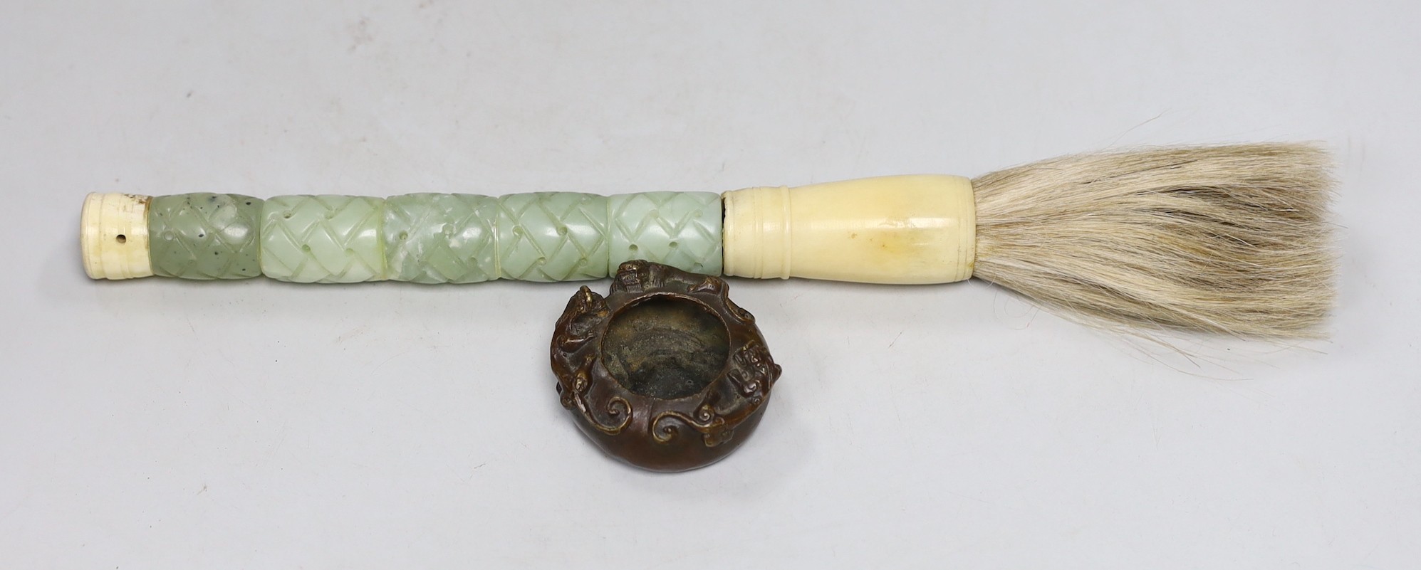 A Chinese bone and bowenite jade mounted calligraphy brush, 35cm lonh, and a bronze brush washer                                                                                                                            
