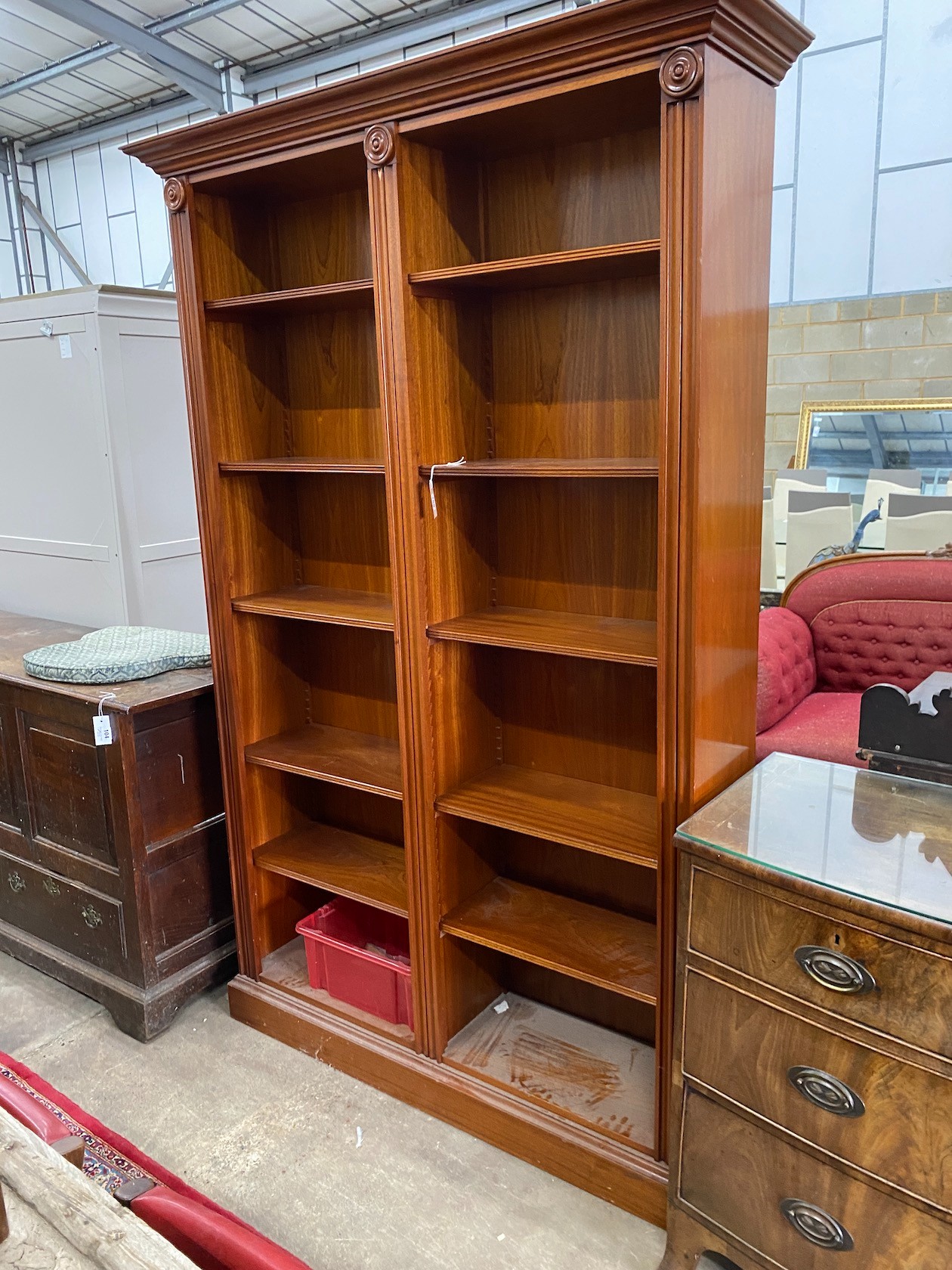 A Victorian style mahogany open bookcase, width 138cm, depth 37cm, height 213cm                                                                                                                                             