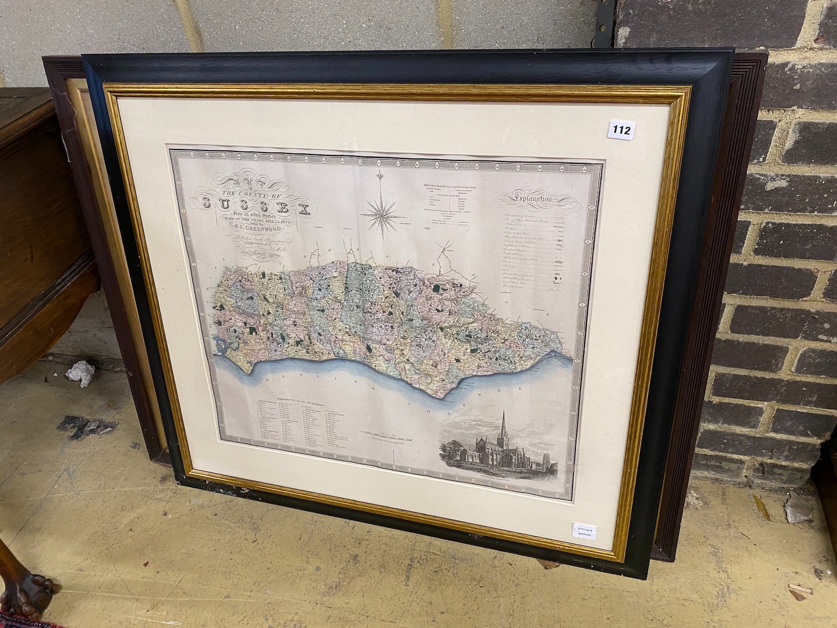 After Greenwood, coloured print the county of Sussex, 98 x 88cm including frame together with an Alan Line coloured print                                                                                                   