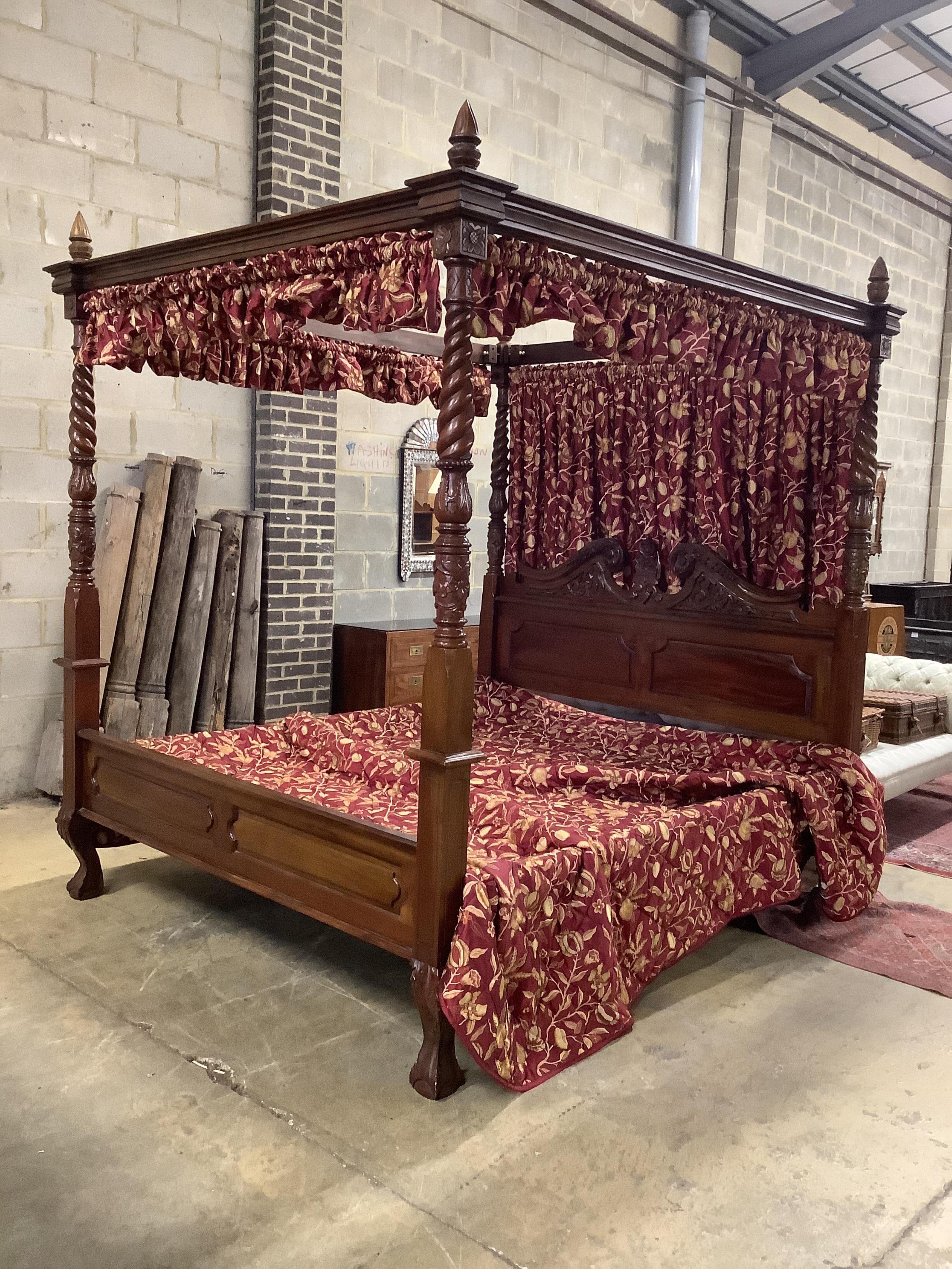 A large George III style mahogany four poster bedframe, width 192cm, length 214cm, height 236cm. Condition - good                                                                                                           