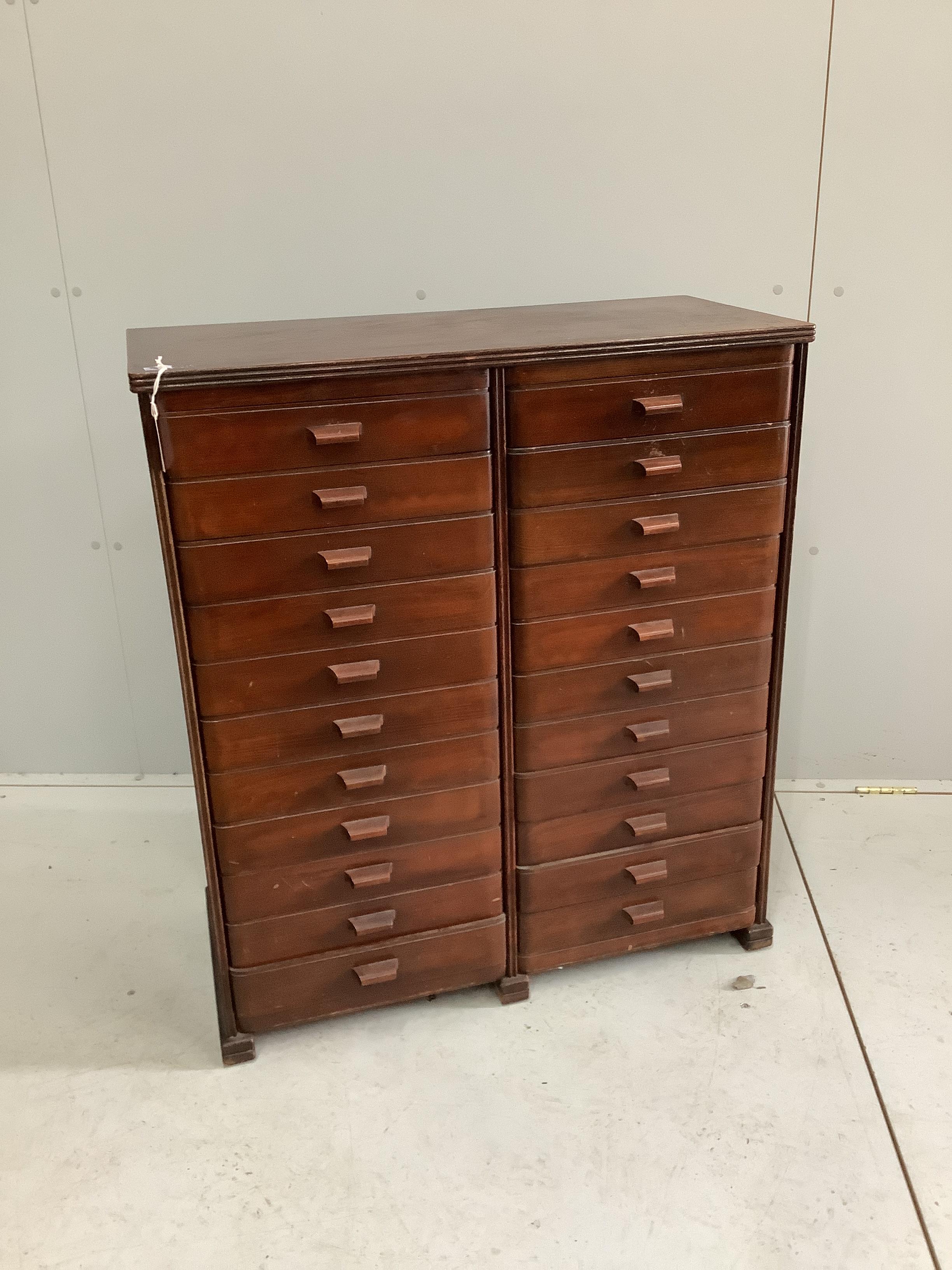 A mid century mahogany twenty-two drawer filing chest, width 79cm, depth 36cm, height 91cm                                                                                                                                  