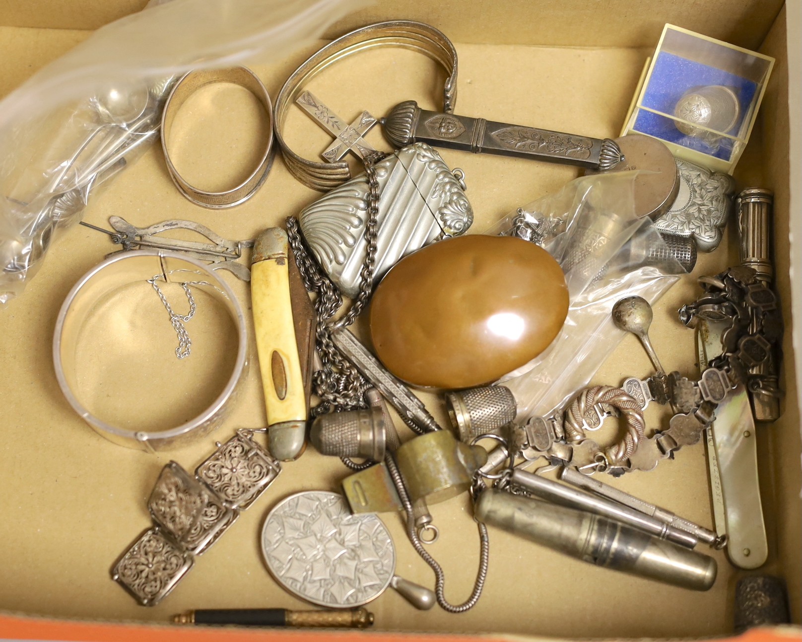 A group of assorted silver and base metal costume jewellery, boxes and miscellanea                                                                                                                                          