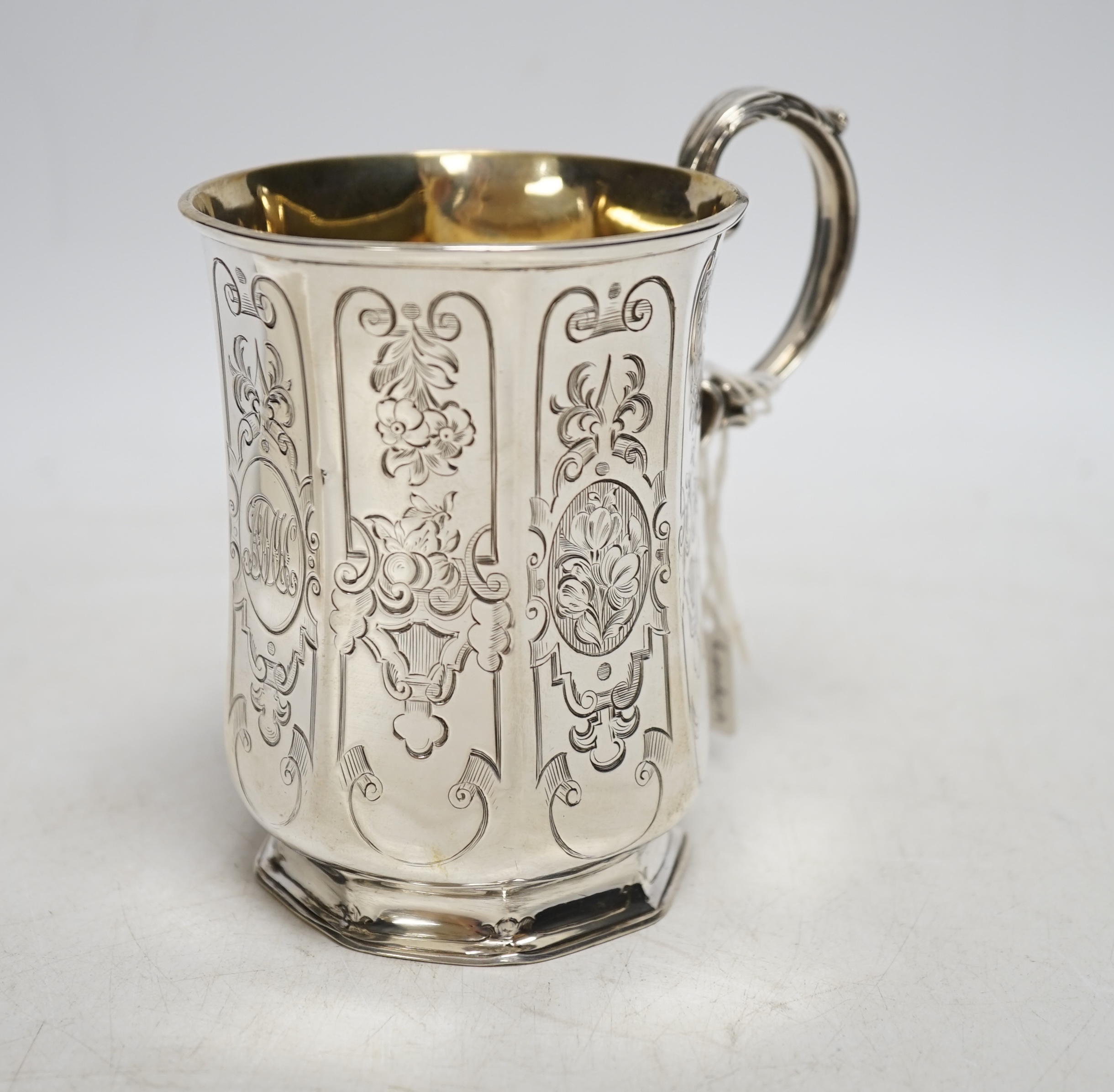 A Victorian engraved silver christening mug, John Evans II, London, 1852, 11.3cm, 187 grams. Condition - fair                                                                                                               