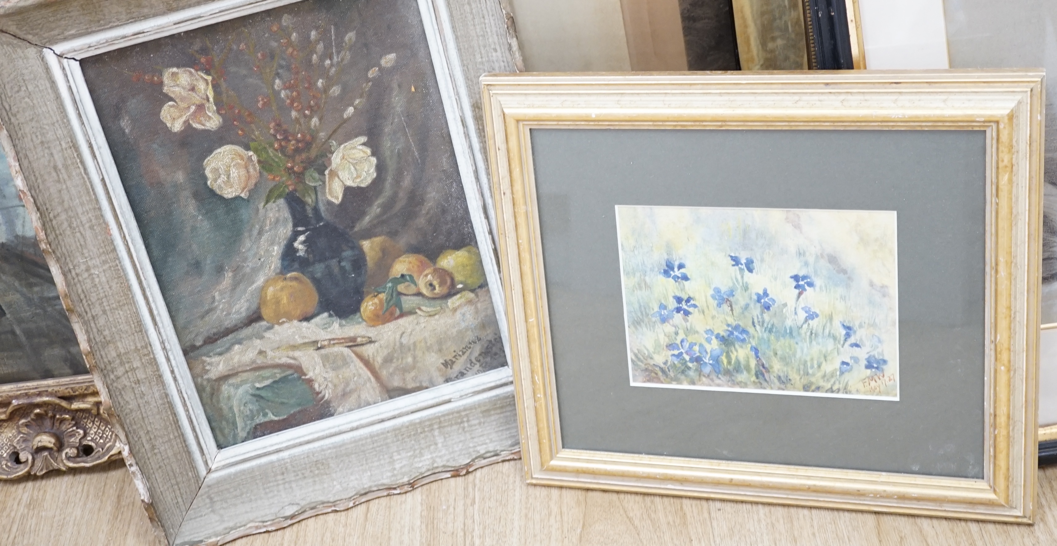 20th century, French school, oil on canvas, still life of flowers, and a watercolour of flowers, monogrammed FMW and dated ‘27, largest 32 x 23cm. Condition - fair                                                         