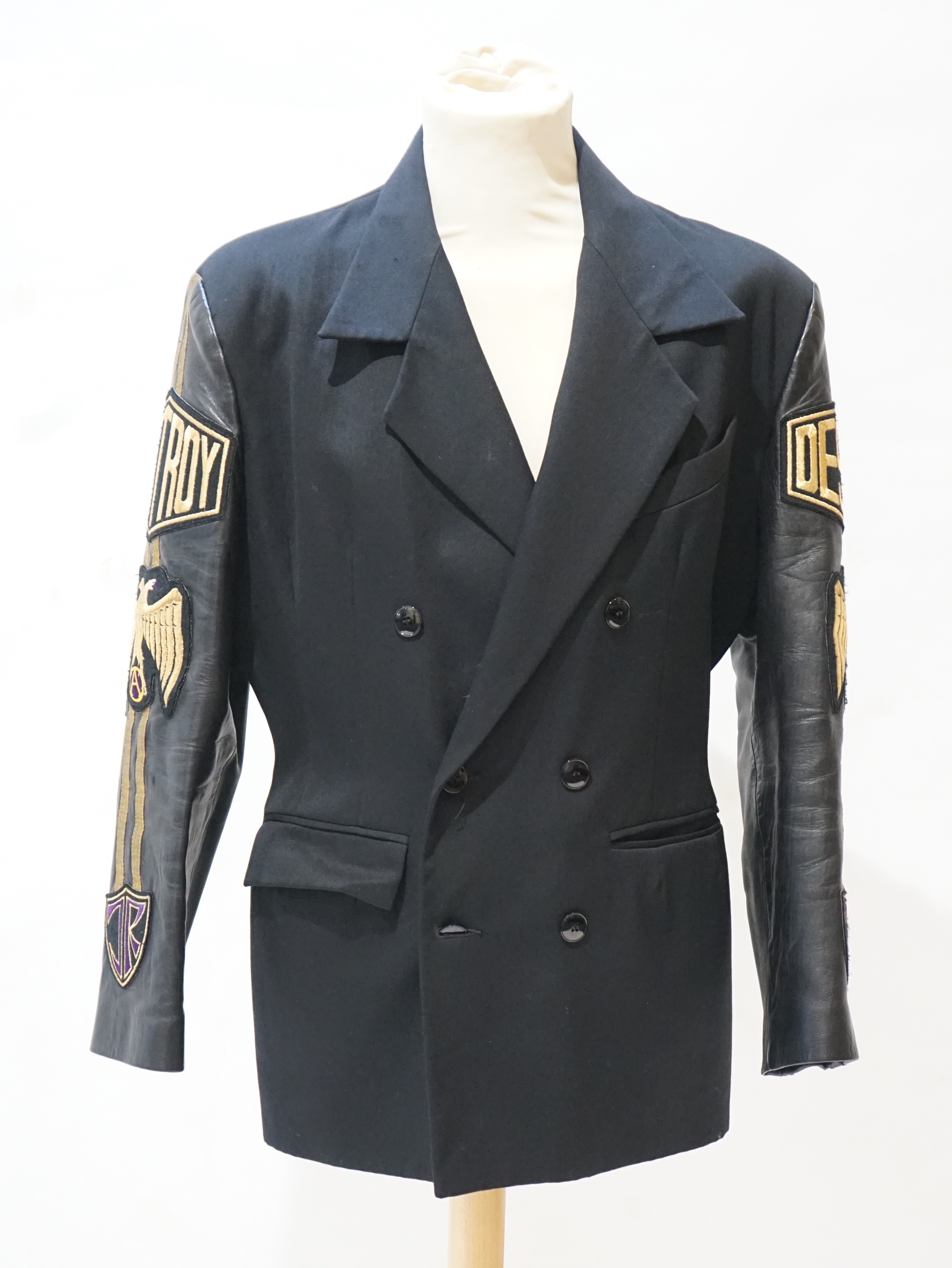 A gentleman's John Richmond double breasted wool jacket with 'Destroy' embroidered leather sleeves, size medium                                                                                                             