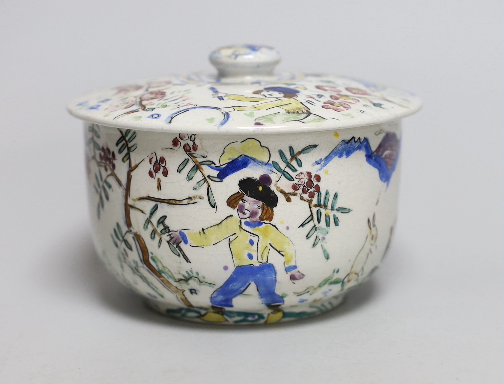 Jessie Marion King (1875-1949). A porridge bowl and cover, decorated with children playing, 9cm                                                                                                                             
