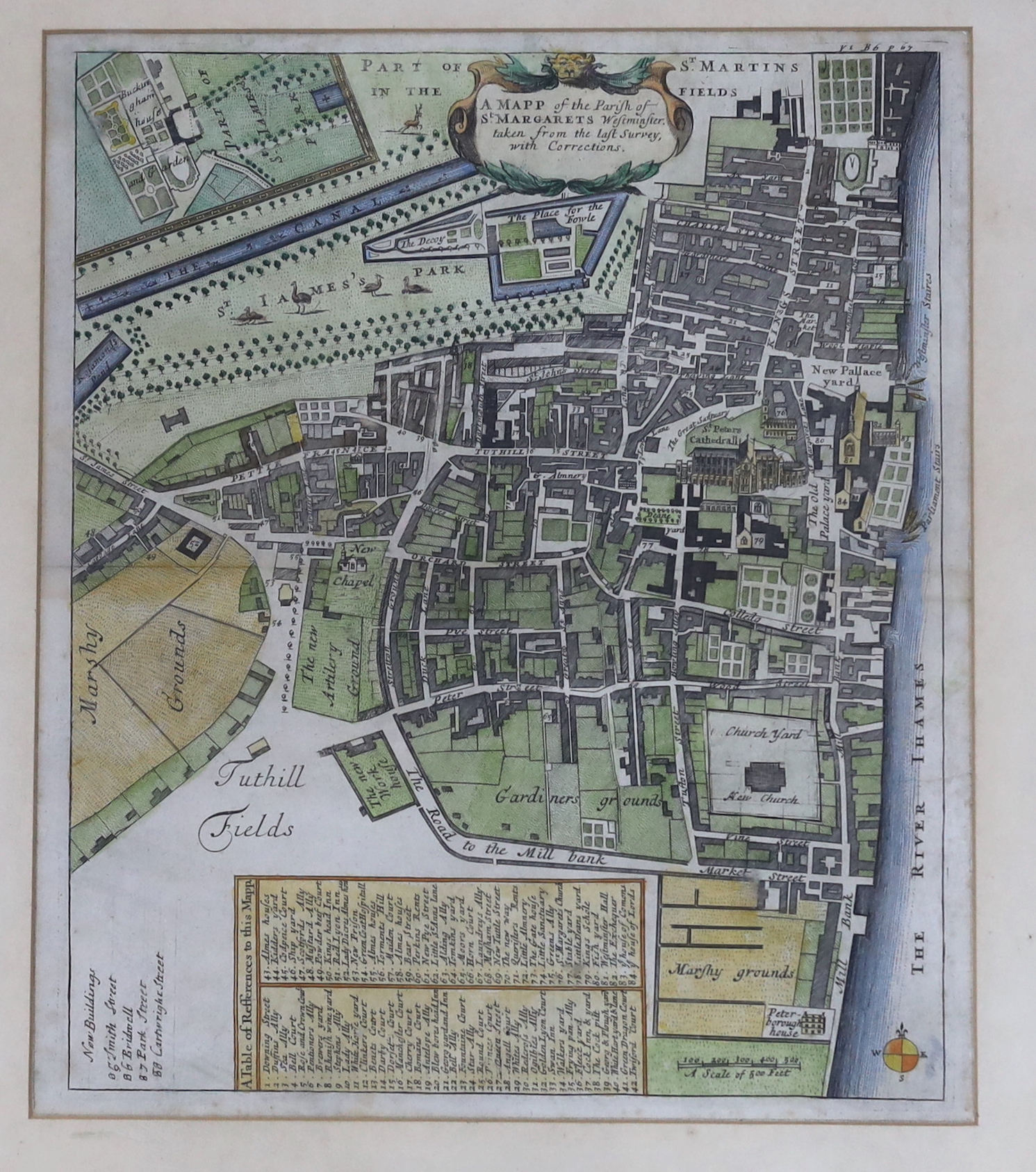 John Strype (1634-1737), antique hand coloured engraving, map, The Parish of St Margarets, Westminster, circa 1755, 36cm x 31cm                                                                                             