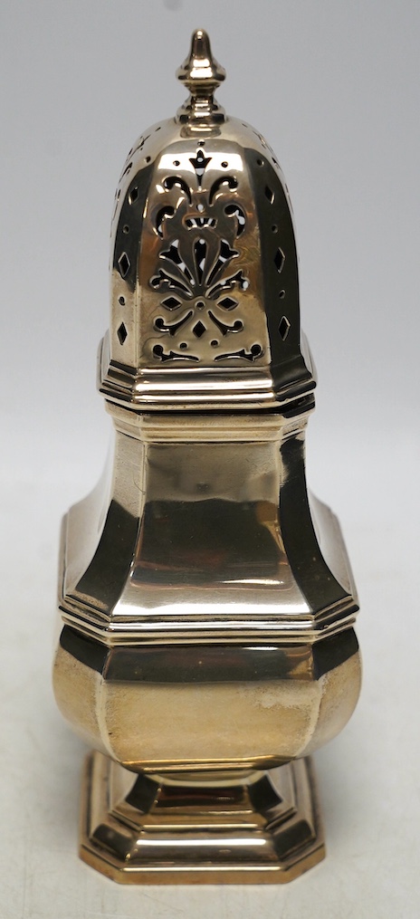 A George V silver octagonal sugar caster, by Mappin & Webb, Birmingham, 1923, 18.5cm, 7.2oz. Condition - fair to good                                                                                                       