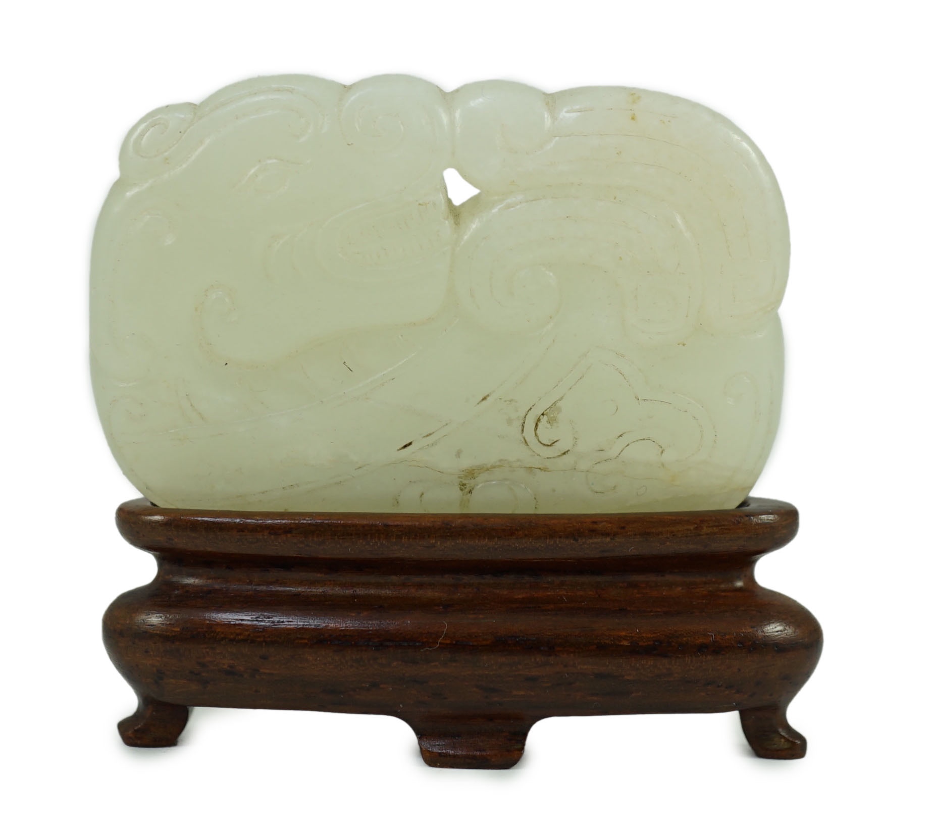 A Chinese white jade ‘tiger and dragon’ plaque, 18th/19th century 5.1 cm wide, wood stand                                                                                                                                   