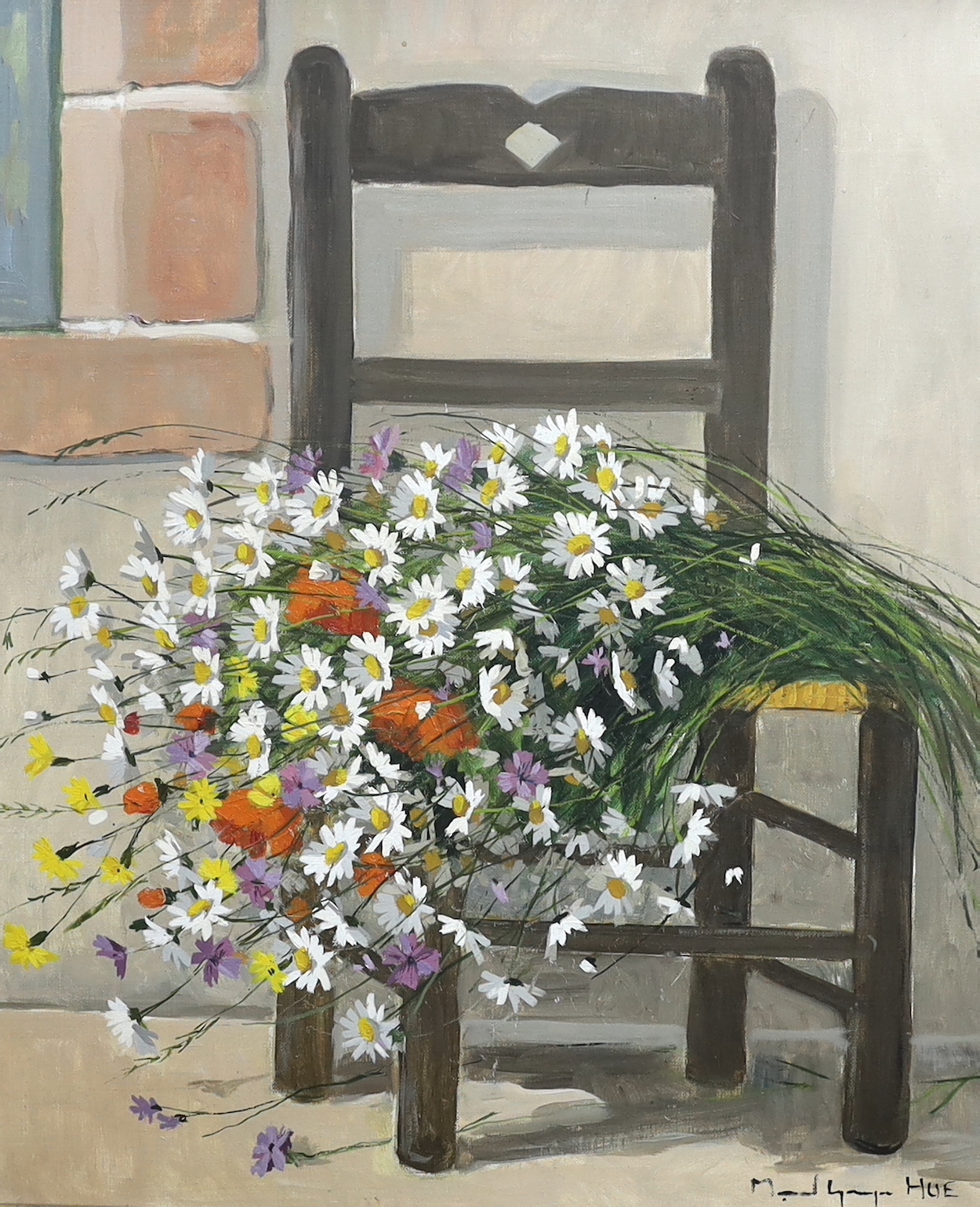 Marcel Georges Hue (b.1907), oil on canvas, Still life of flowers on a chair, signed, 63 x 53cm                                                                                                                             