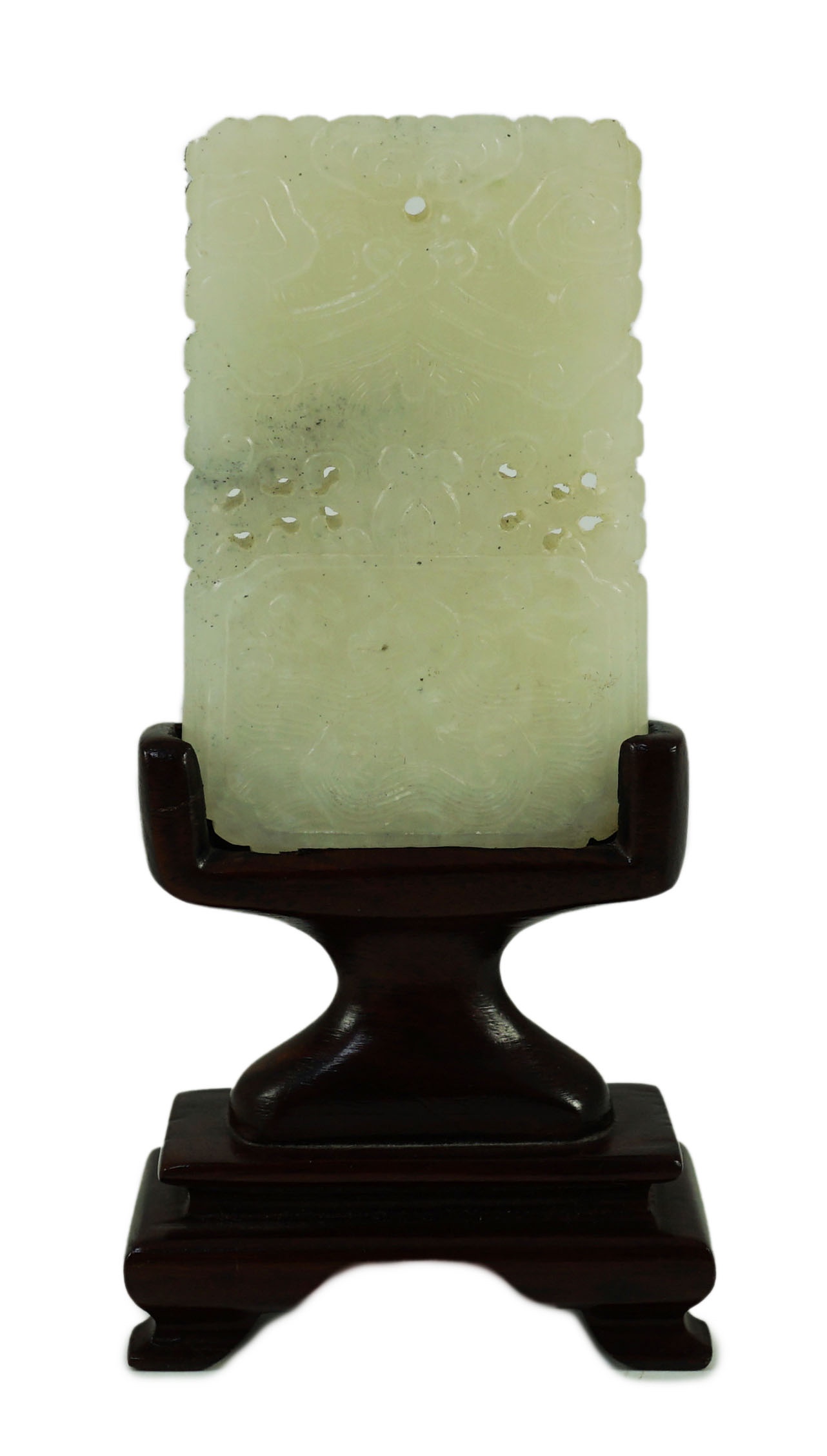 A Chinese inscribed white jade plaque, 19th century, 6.3 cm high, excluding wood stand                                                                                                                                      