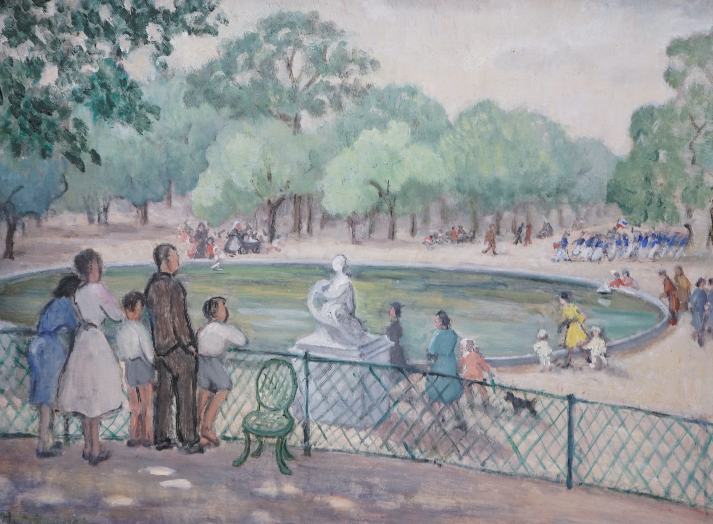Helene Polovtsoff (Russian, 1888-1975), oil on board, Figures in a park, signed, 45 x 59cm                                                                                                                                  