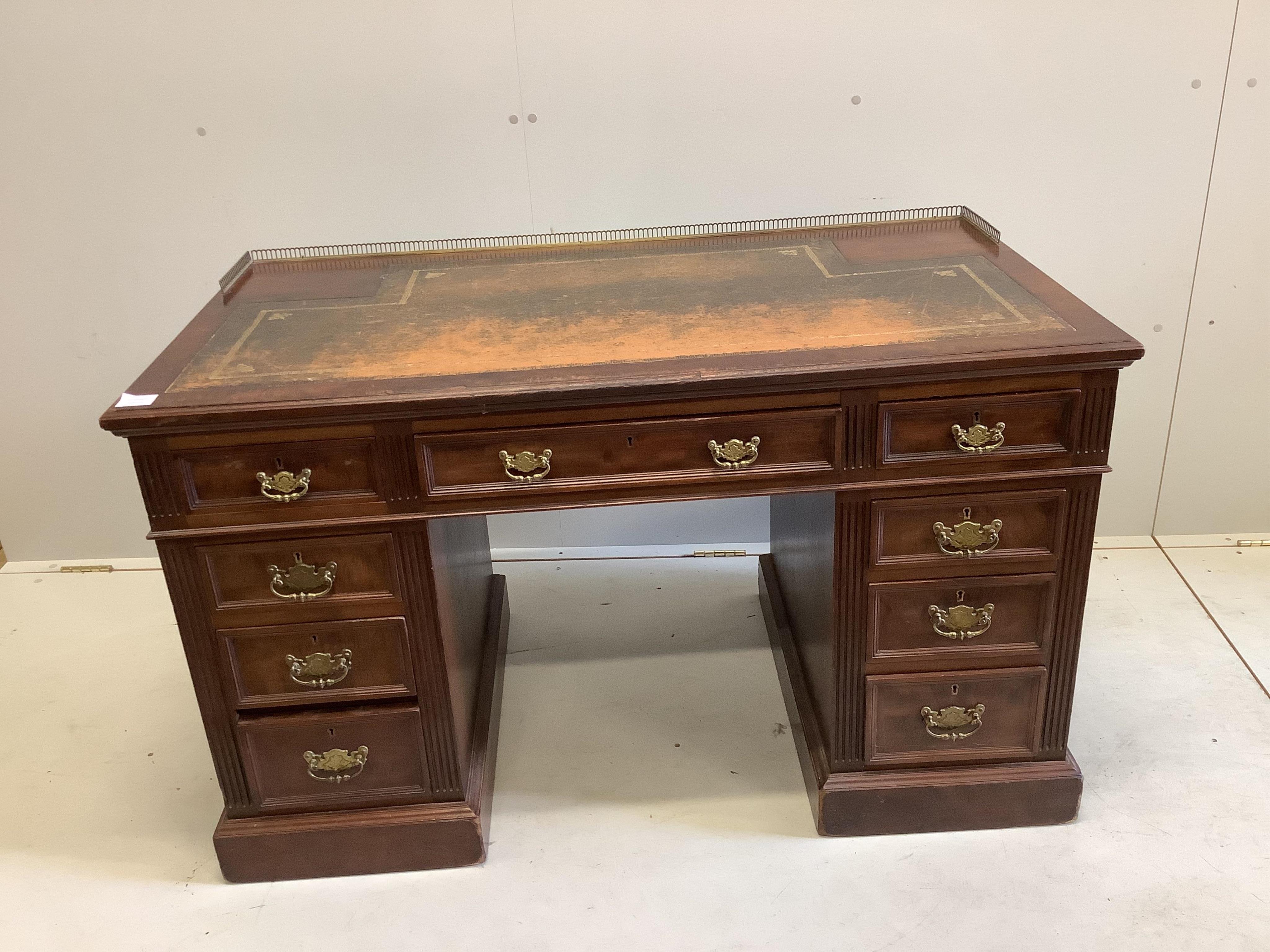 An Edwards & Robert’s late Victorian mahogany pedestal desk, width 122cm, depth 65cm, height 73cm. Condition - fair                                                                                                         