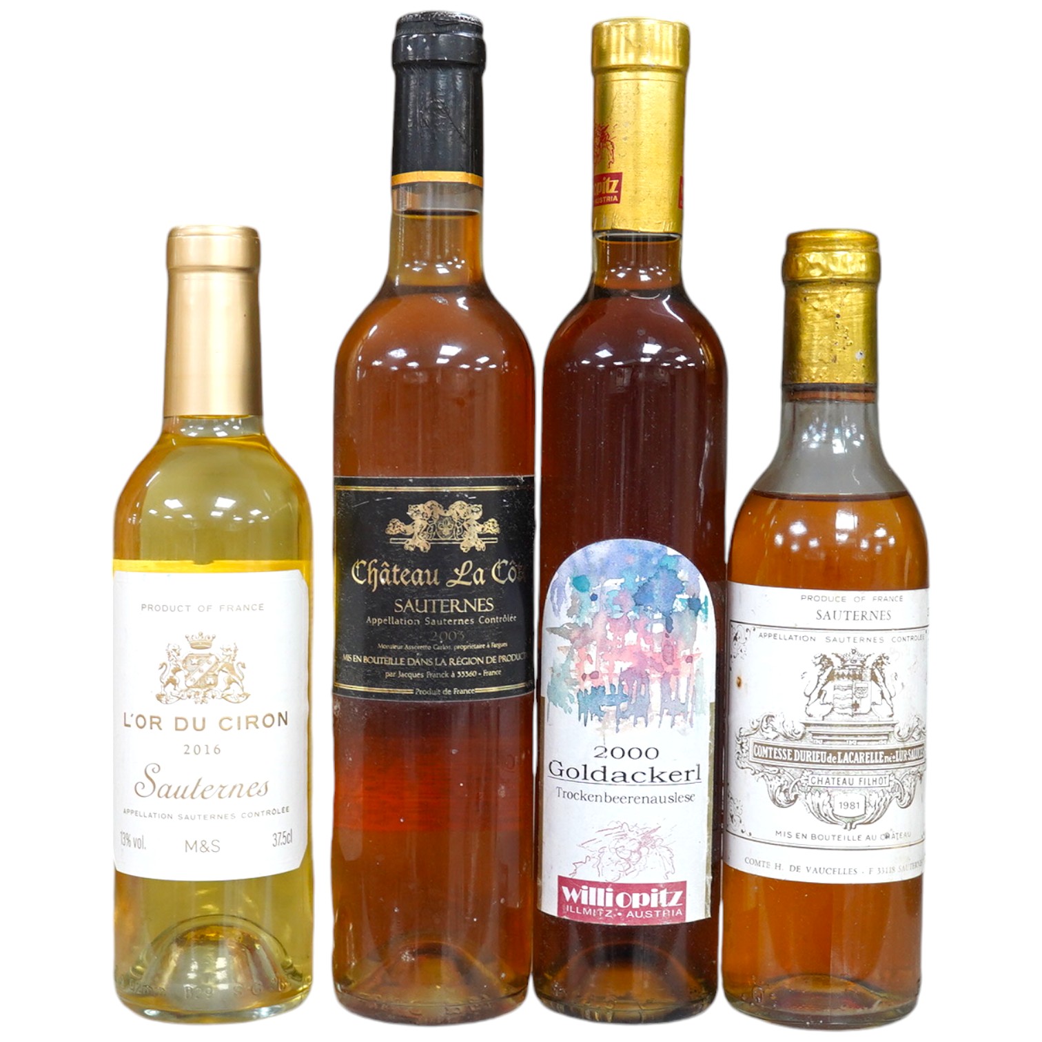 Four half bottles of Sauternes/dessert wine; Chateau Filhot 1981, L'or du Ciron 2016, Chateau La Cote & Goldackerl 2000                                                                                                     