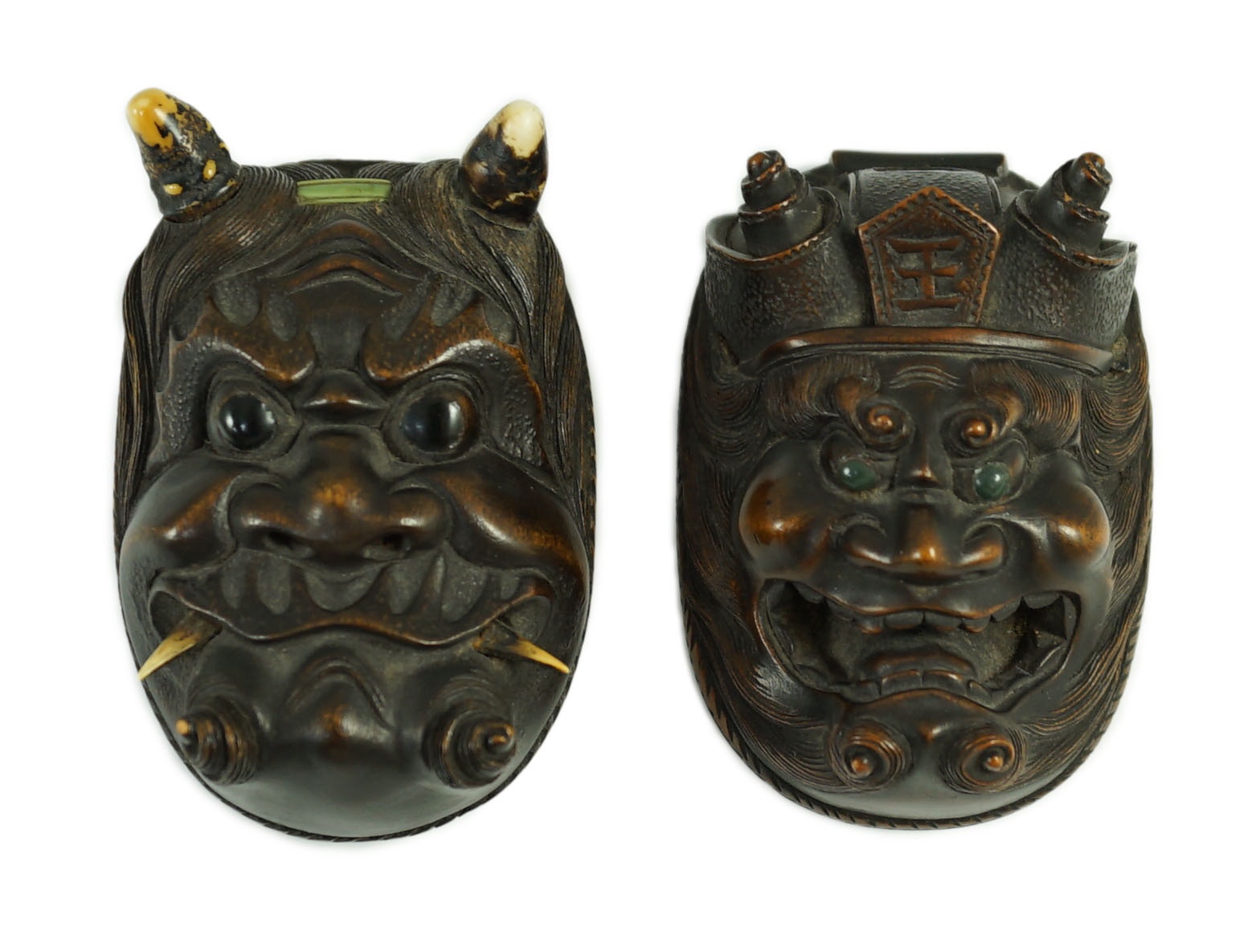 An unusual Japanese double noh mask wood container, early 20th century, 6.6 cm high, tiny losses                                                                                                                            
