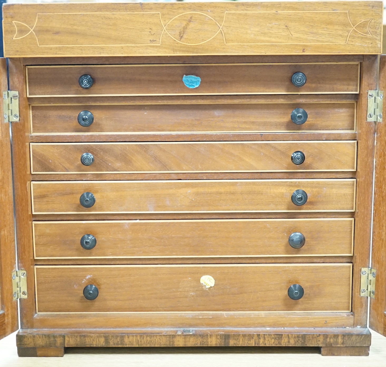 A 19th century inlaid mahogany six drawer collector’s cabinet, 38.5cms wide x 37.5cms high                                                                                                                                  