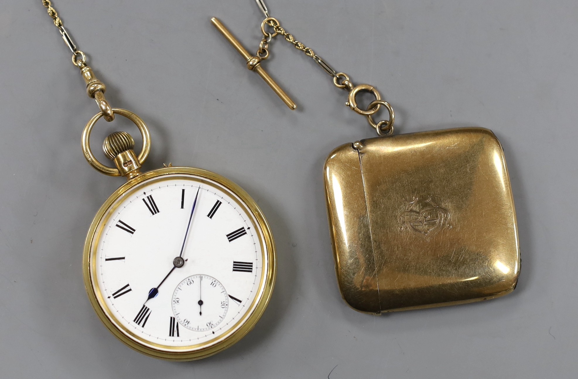 An 18ct gold open faced keyless pocket watch, by R.H. Saxton of Buxton, with Roman dial and engraved monogram to the case back, case diameter 50mm, together with a two colour 18ct albert and a George V 9ct gold vesta cas