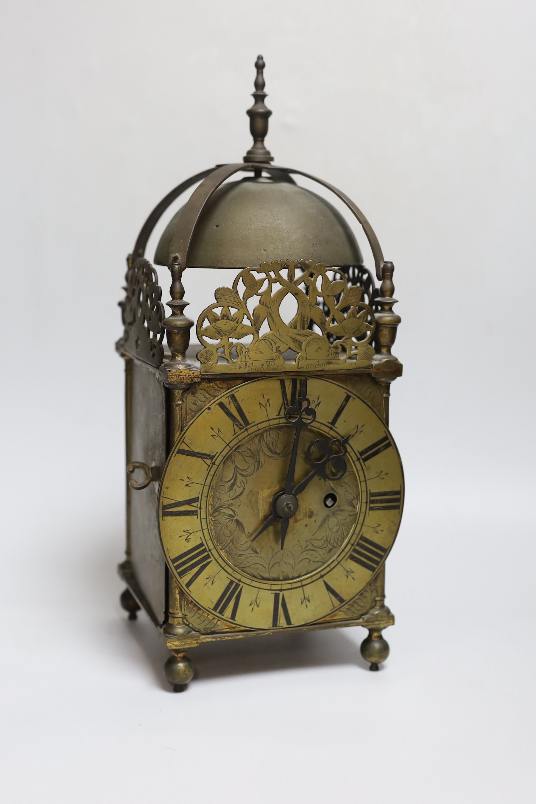 A 16th century and later brass lantern clock by John Wise, later fusee movement, 39cm                                                                                                                                       