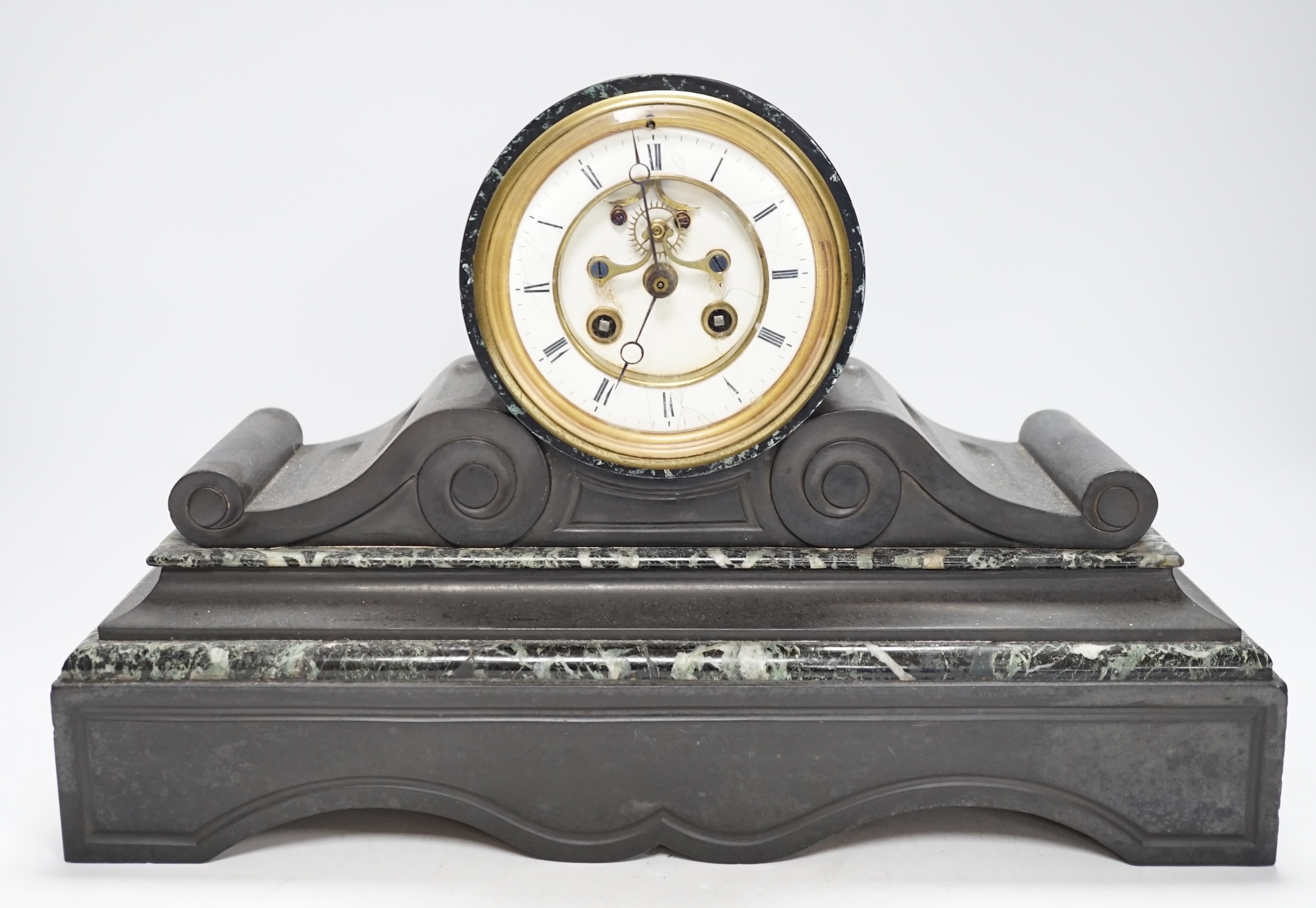 A Victorian slate mantel clock with visible Brocot escapement, pendulum, 40cm wide                                                                                                                                          